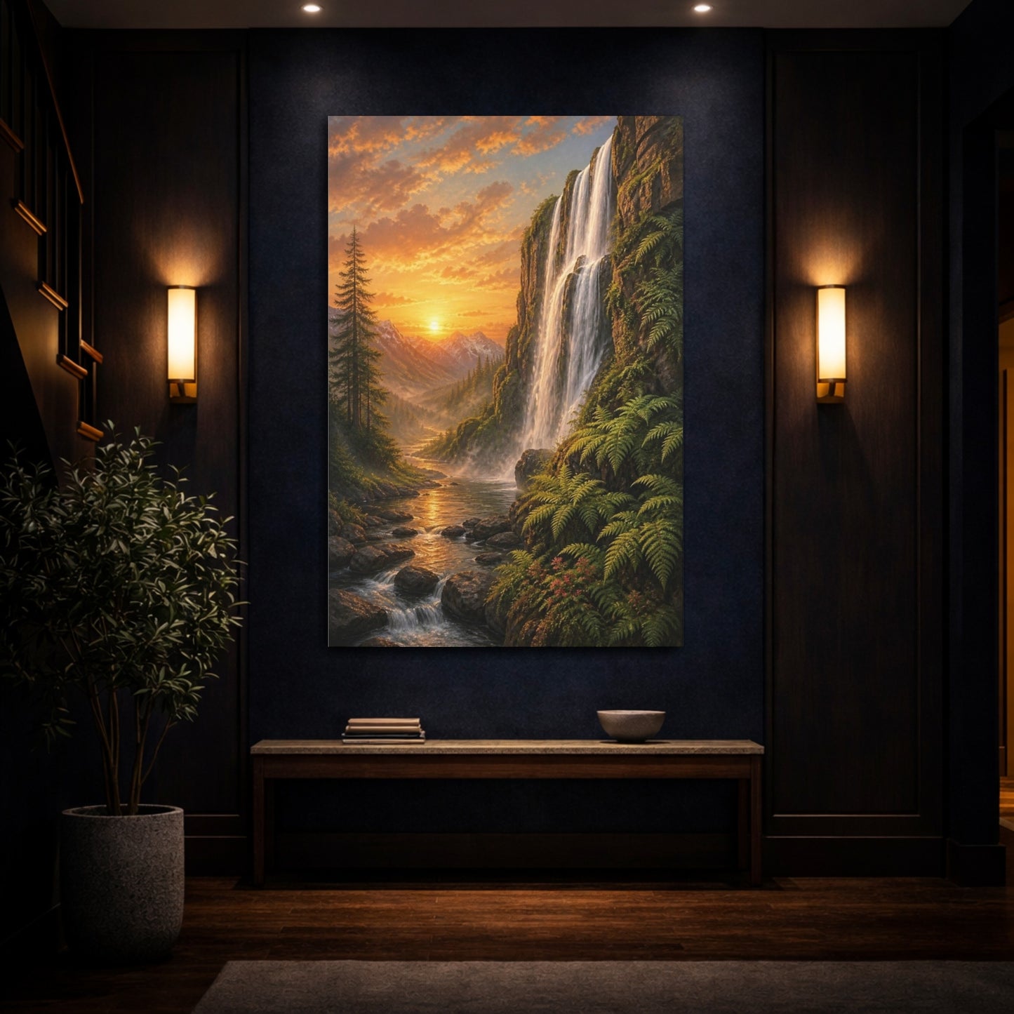 Mockup 4. Waterfall Landscape At Sunset shown as canvas print