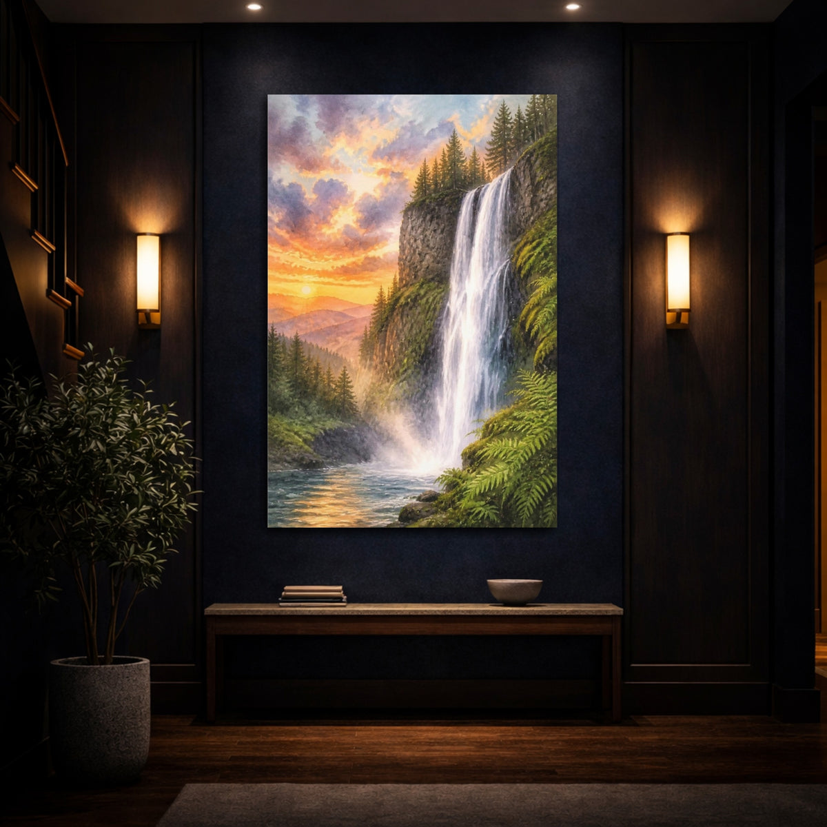 Mockup 4. Waterfall Landscape At Sunset shown as canvas print