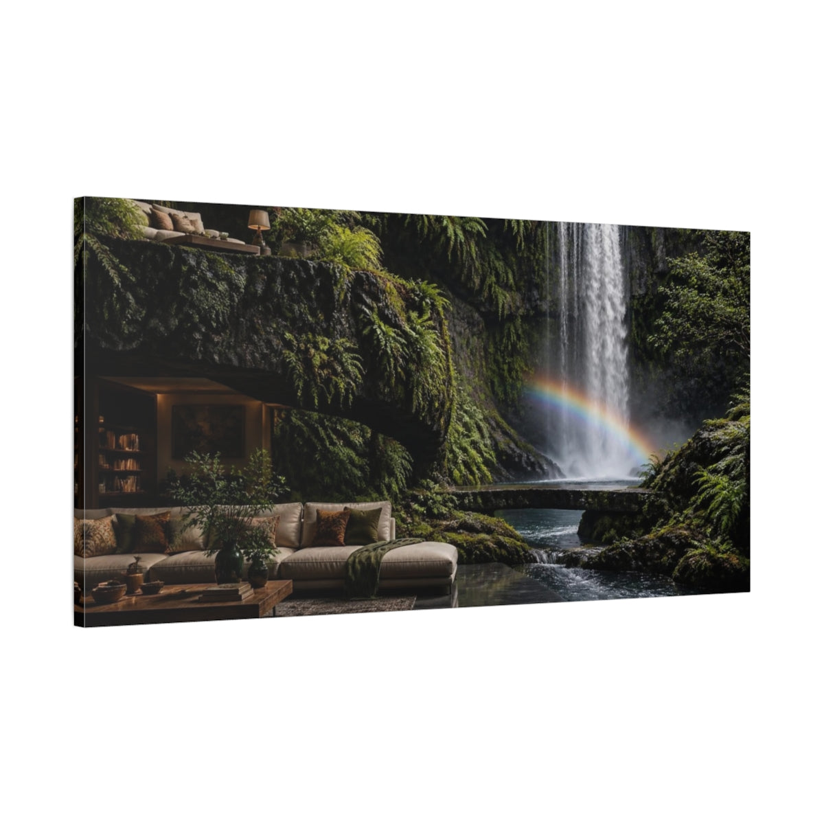 Main Mockup. Waterfall Living Room Retreat shown as canvas print