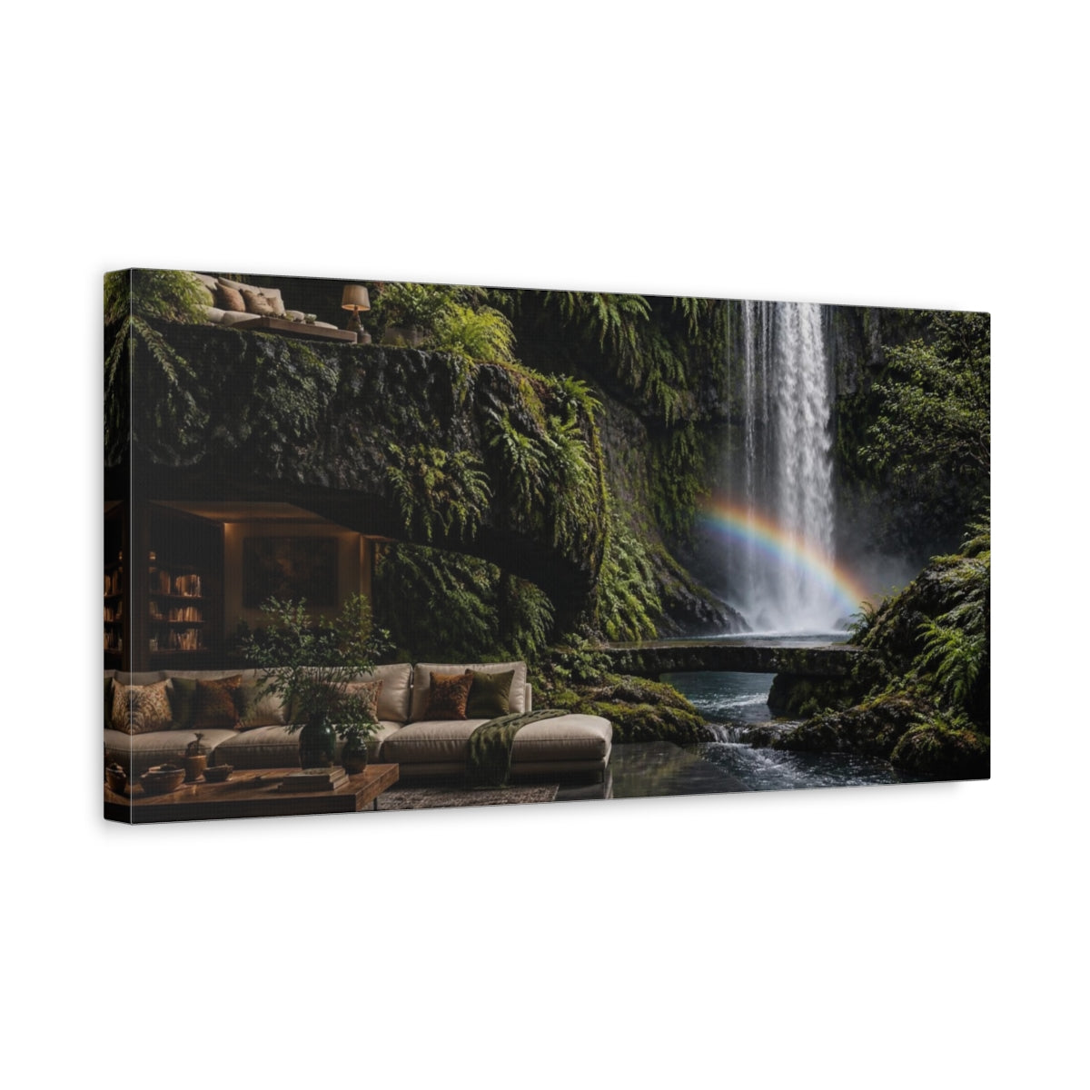 Side Mockup 3. Waterfall Living Room Retreat shown as canvas print