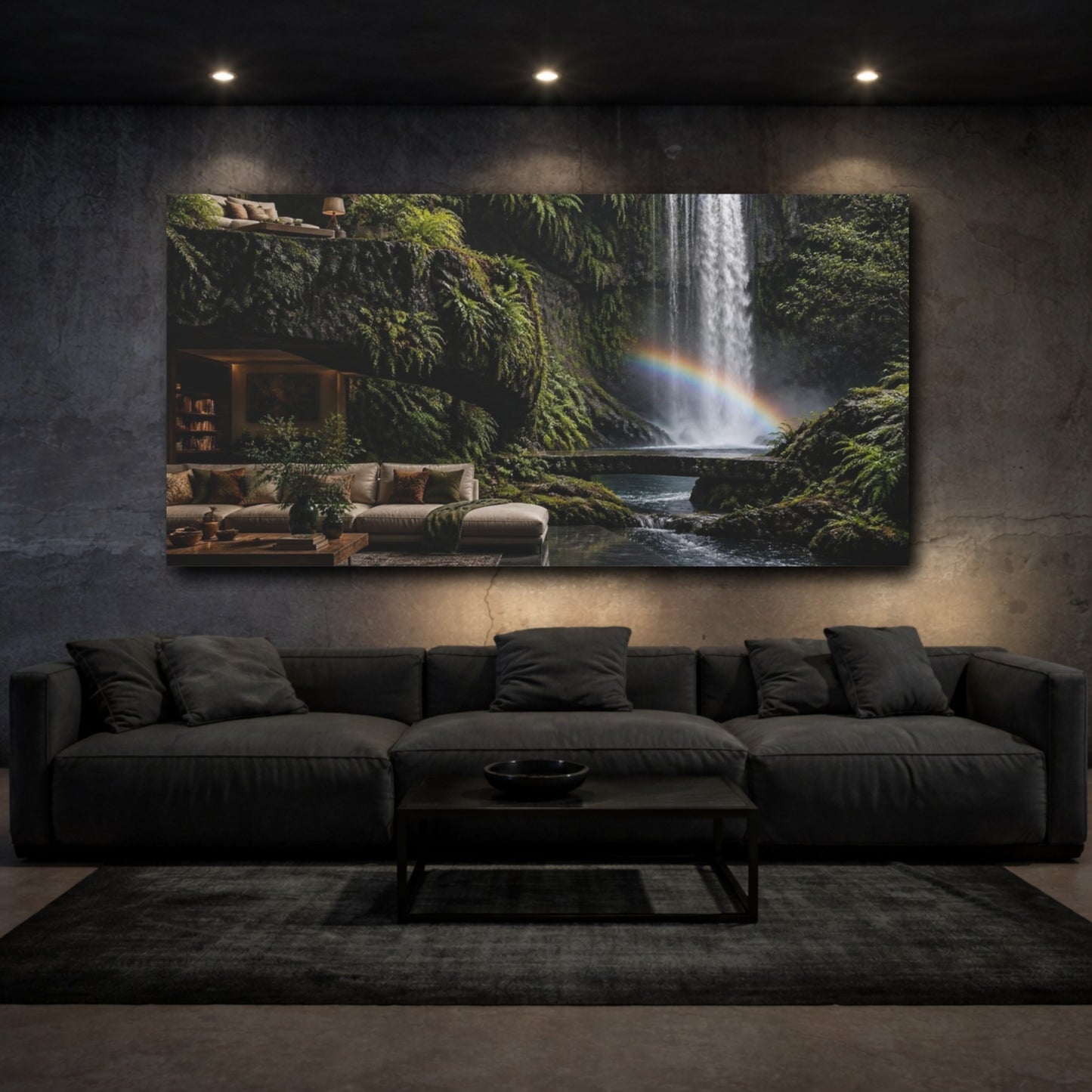 Mockup 3. Waterfall Living Room Retreat shown as canvas print