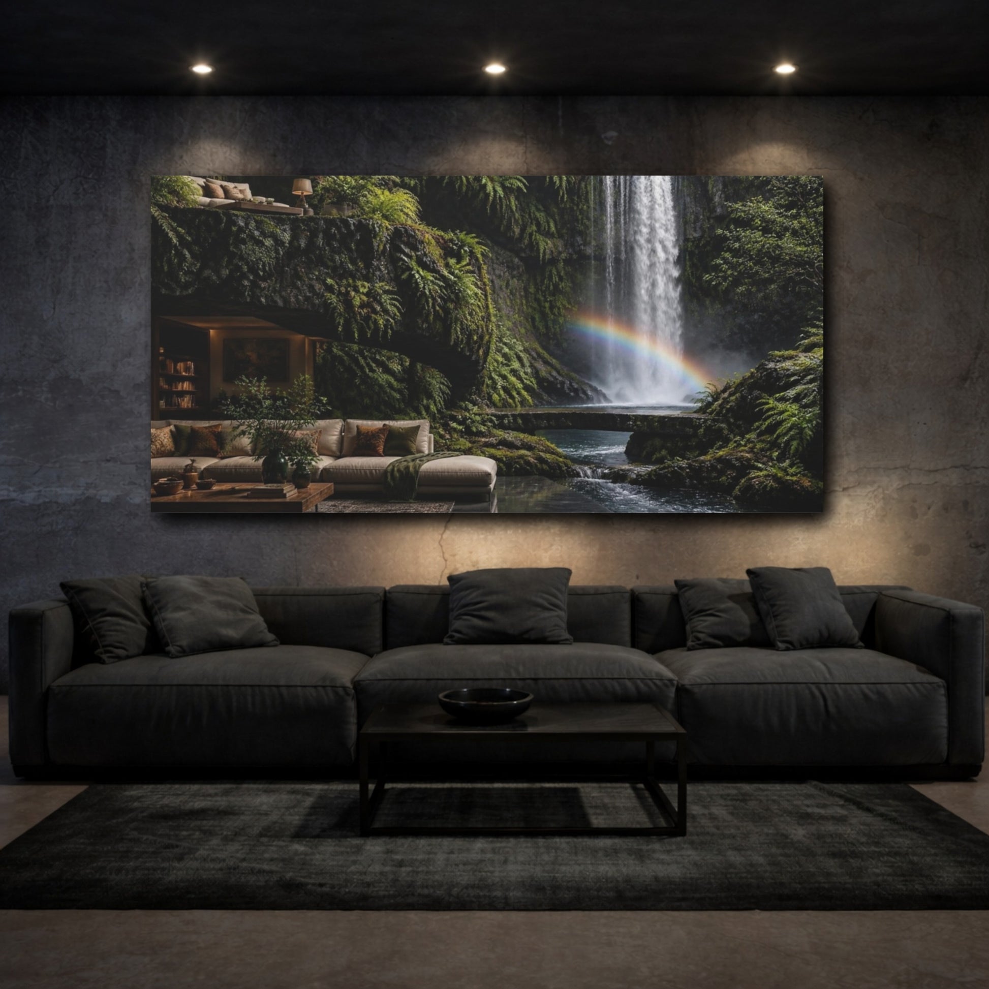 Mockup 3. Waterfall Living Room Retreat shown as canvas print