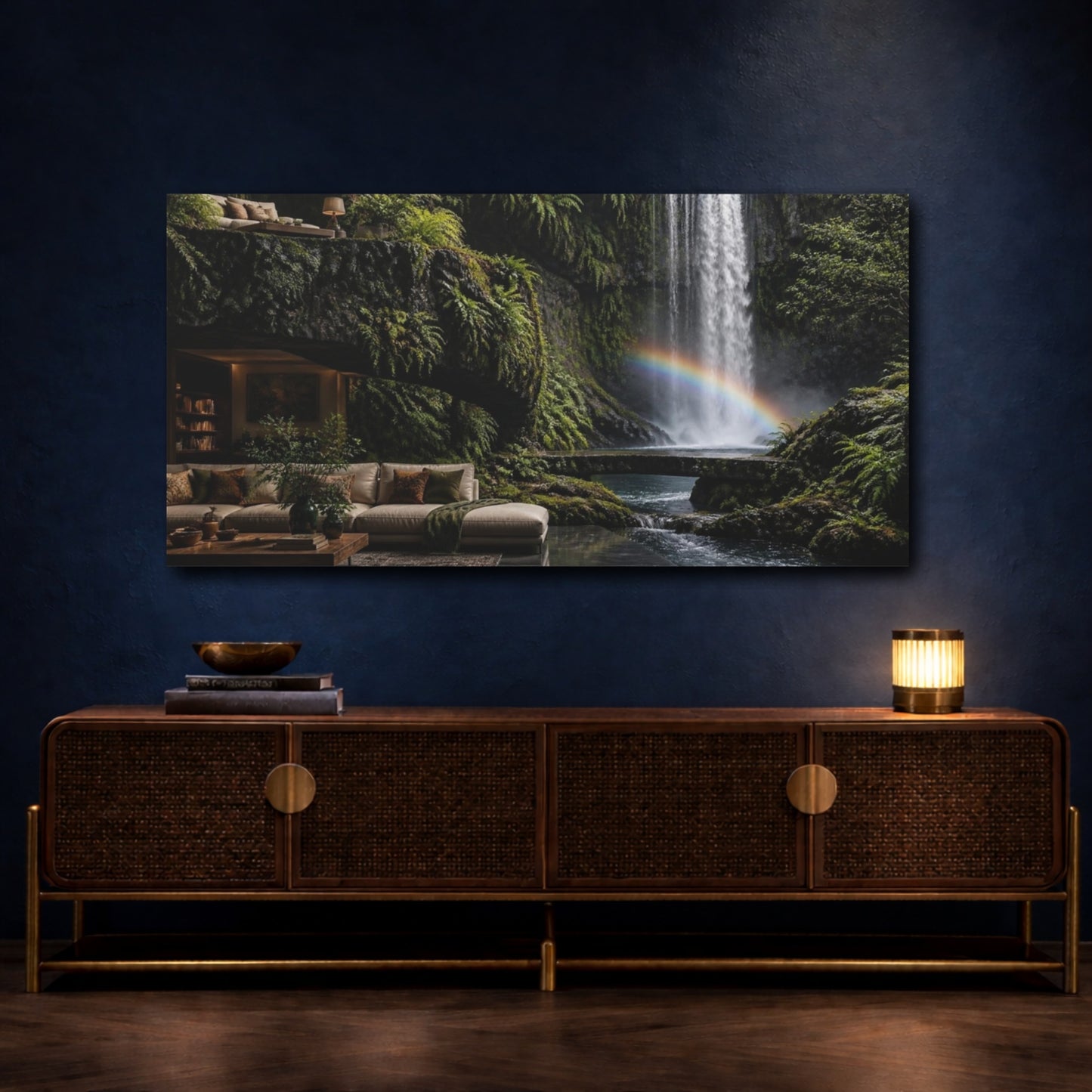 Mockup 4. Waterfall Living Room Retreat shown as canvas print