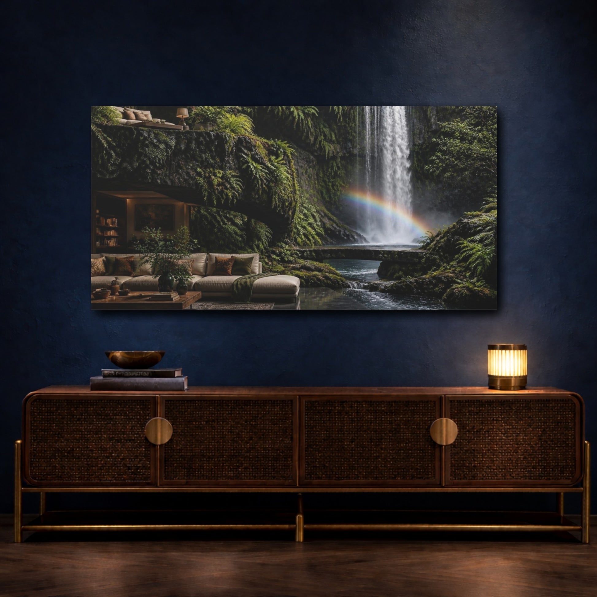 Mockup 4. Waterfall Living Room Retreat shown as canvas print