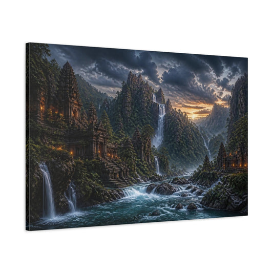 Main Mockup. Waterfall Temple Landscape shown as canvas print