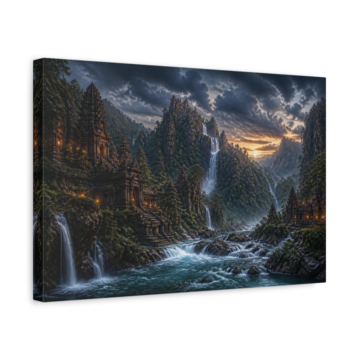 Side Mockup 4. Waterfall Temple Landscape shown as canvas print