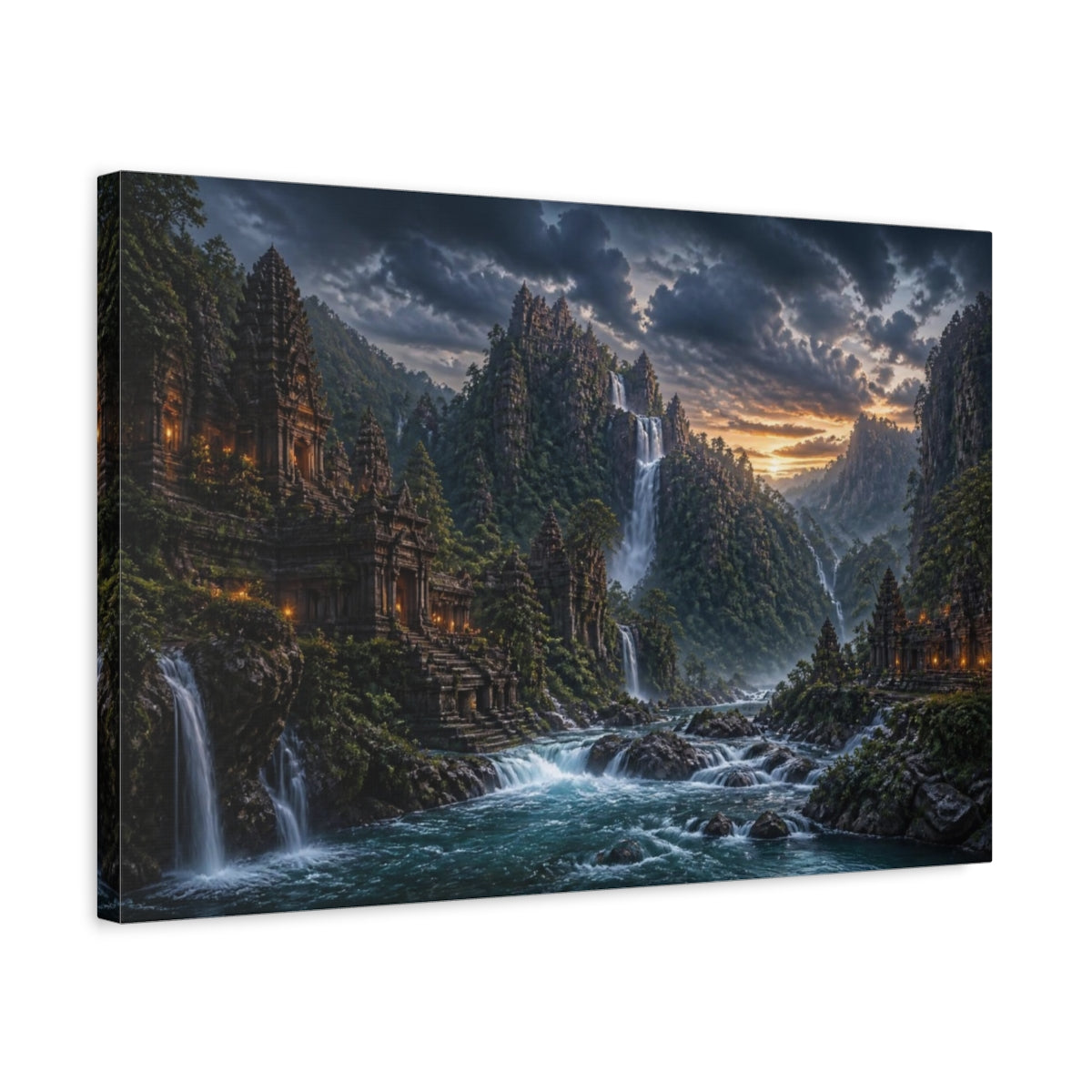 Side Mockup 3. Waterfall Temple Landscape shown as canvas print