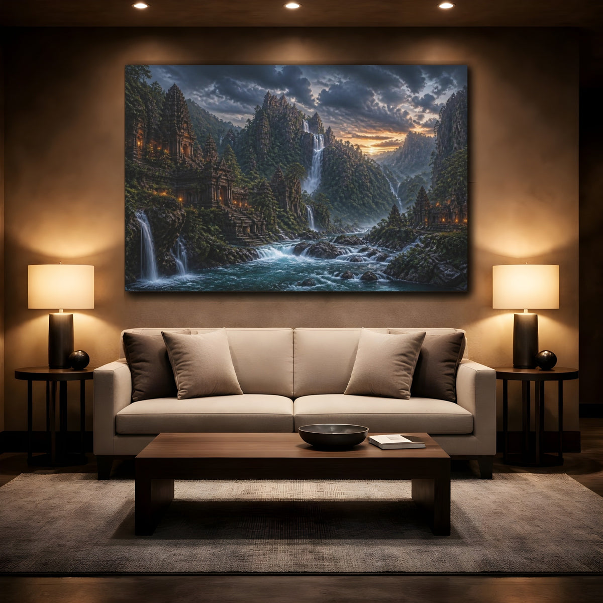 Mockup 2. Waterfall Temple Landscape shown as canvas print
