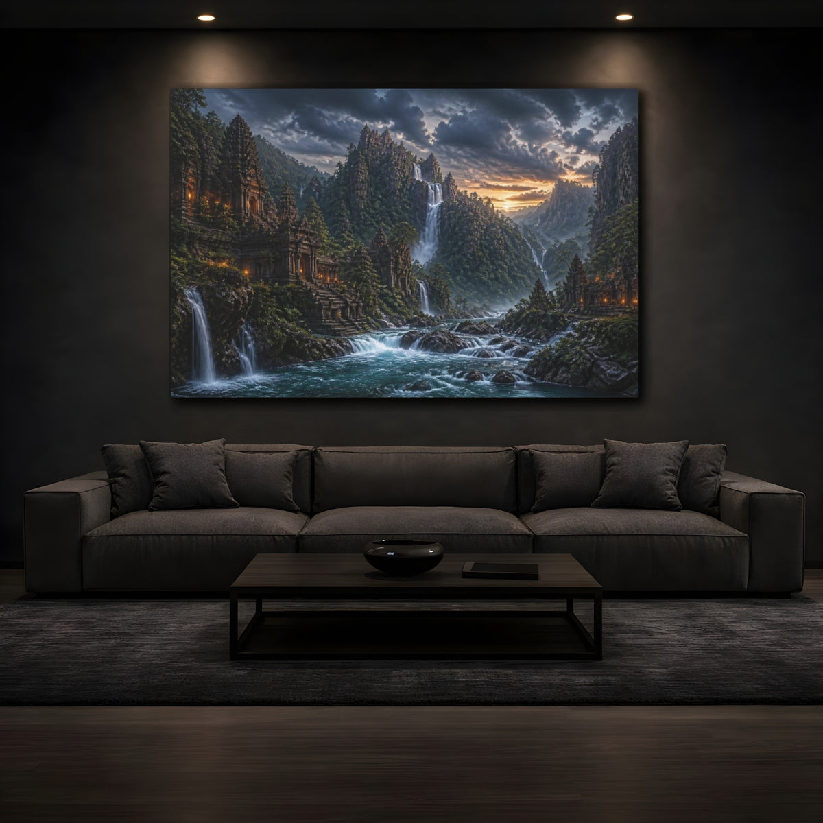 Mockup 3. Waterfall Temple Landscape shown as canvas print