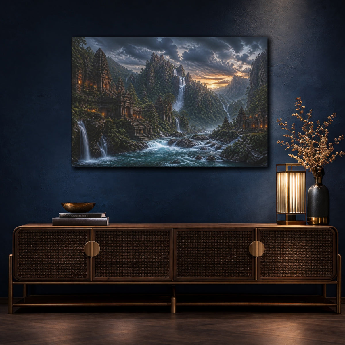 Mockup 4. Waterfall Temple Landscape shown as canvas print