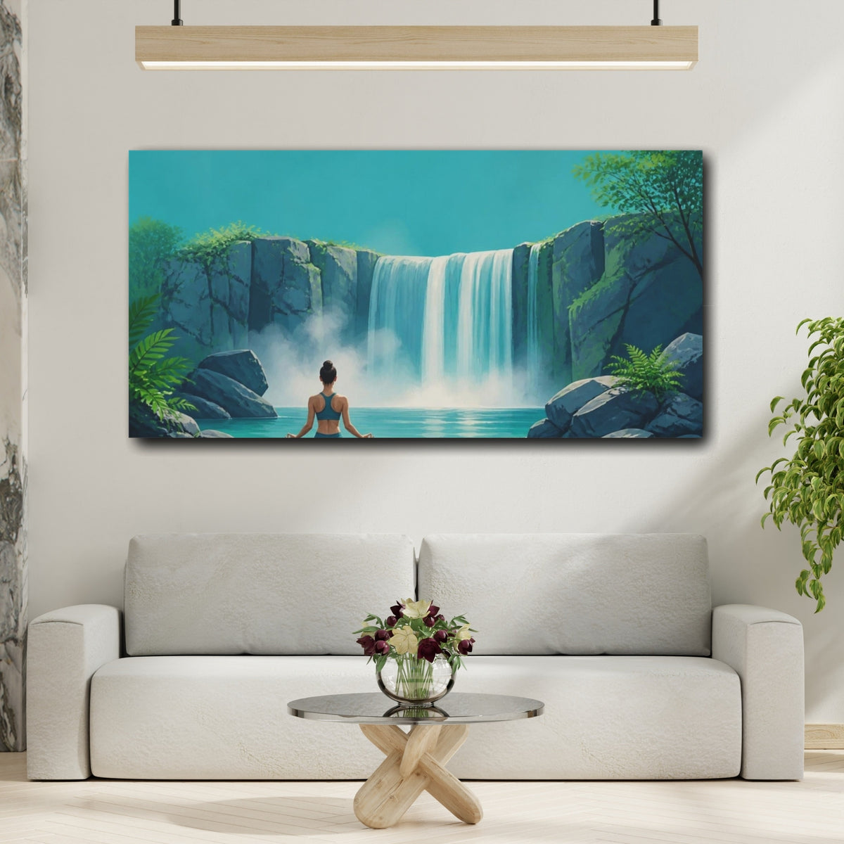 Mockup 2. Waterfall Yoga Meditation shown as canvas print
