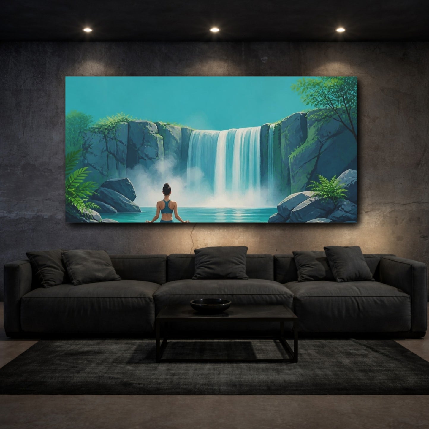 Mockup 3. Waterfall Yoga Meditation shown as canvas print