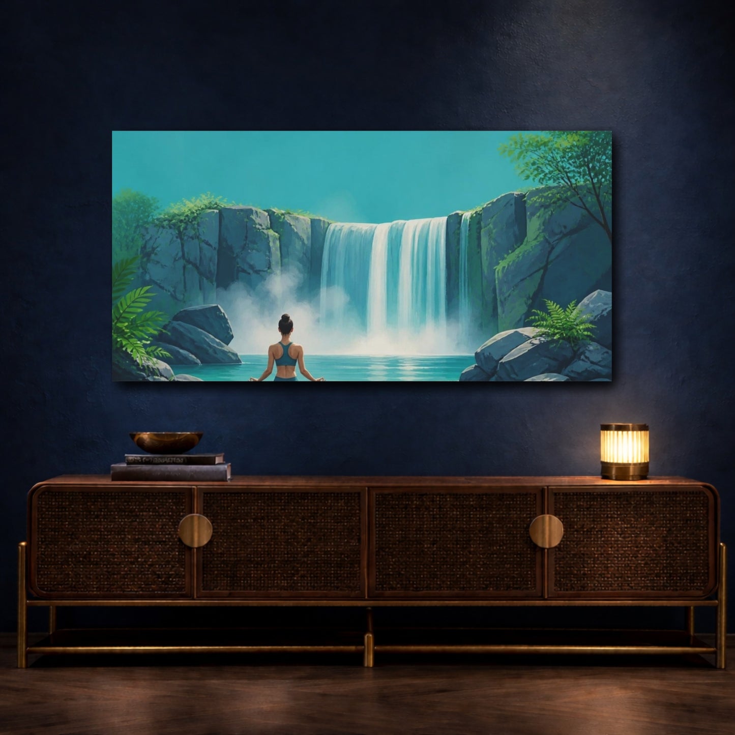 Mockup 4. Waterfall Yoga Meditation shown as canvas print