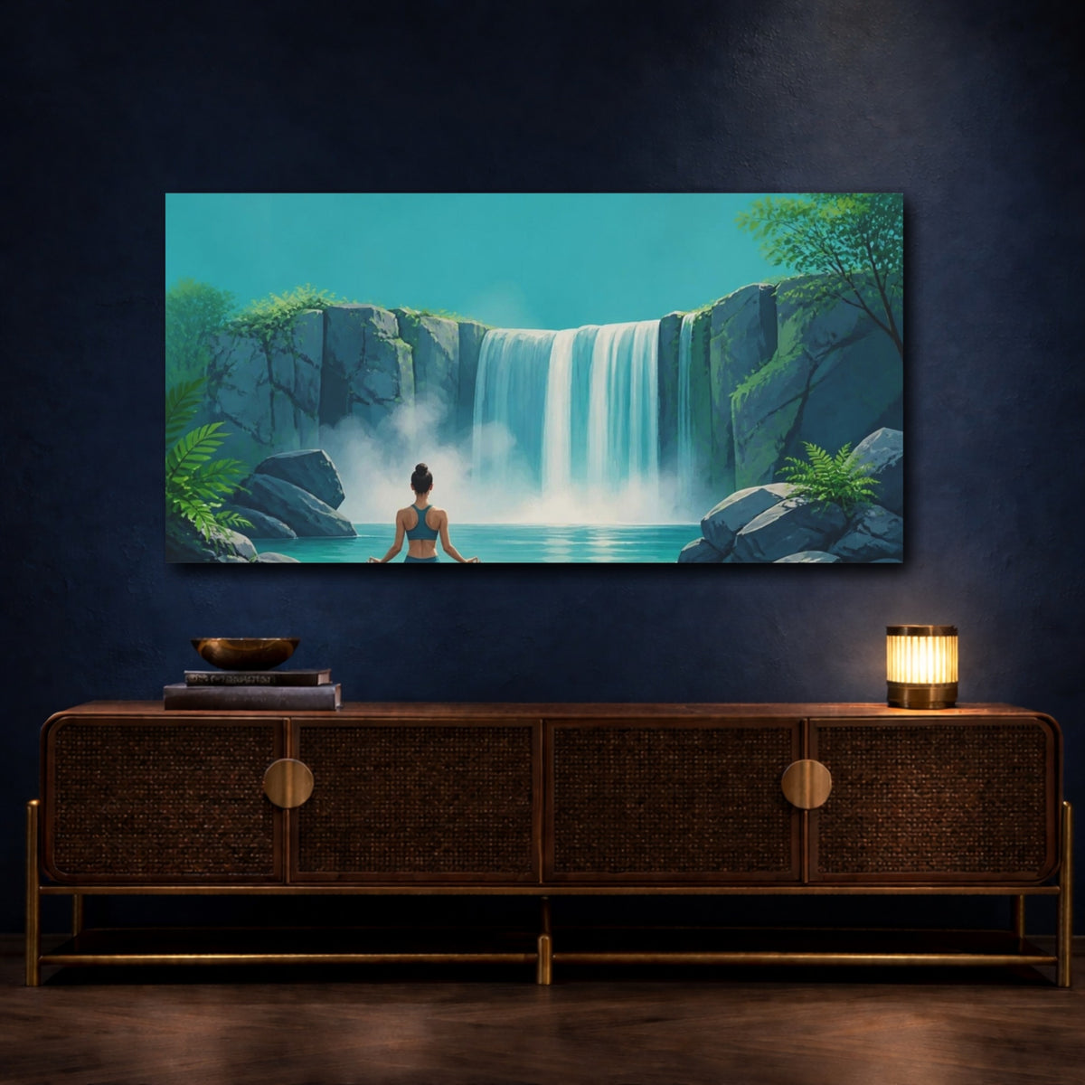 Mockup 4. Waterfall Yoga Meditation shown as canvas print