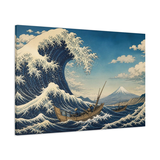 Main Mockup. Wave And Fishing Boats shown as canvas print