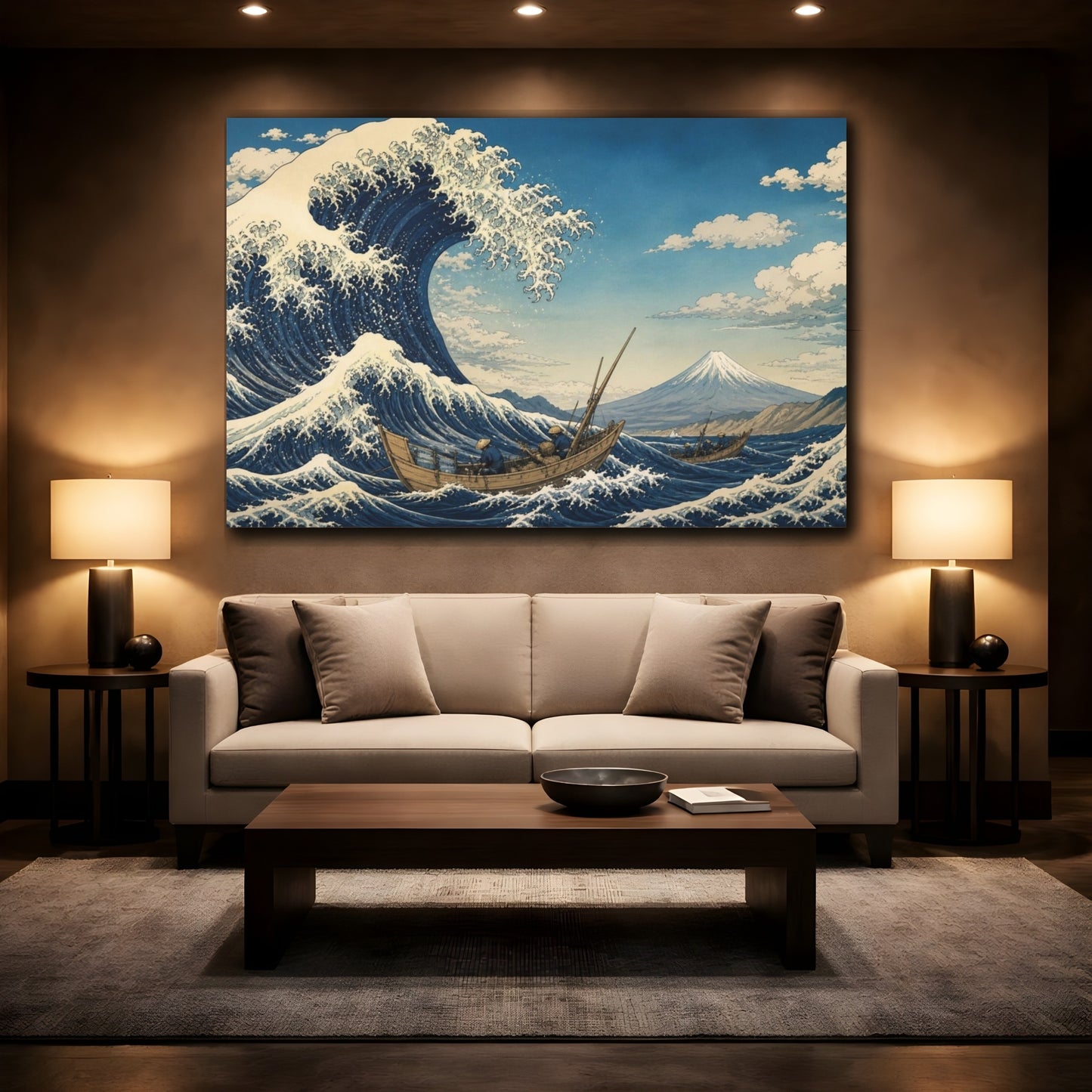 Mockup 2. Wave And Fishing Boats shown as canvas print