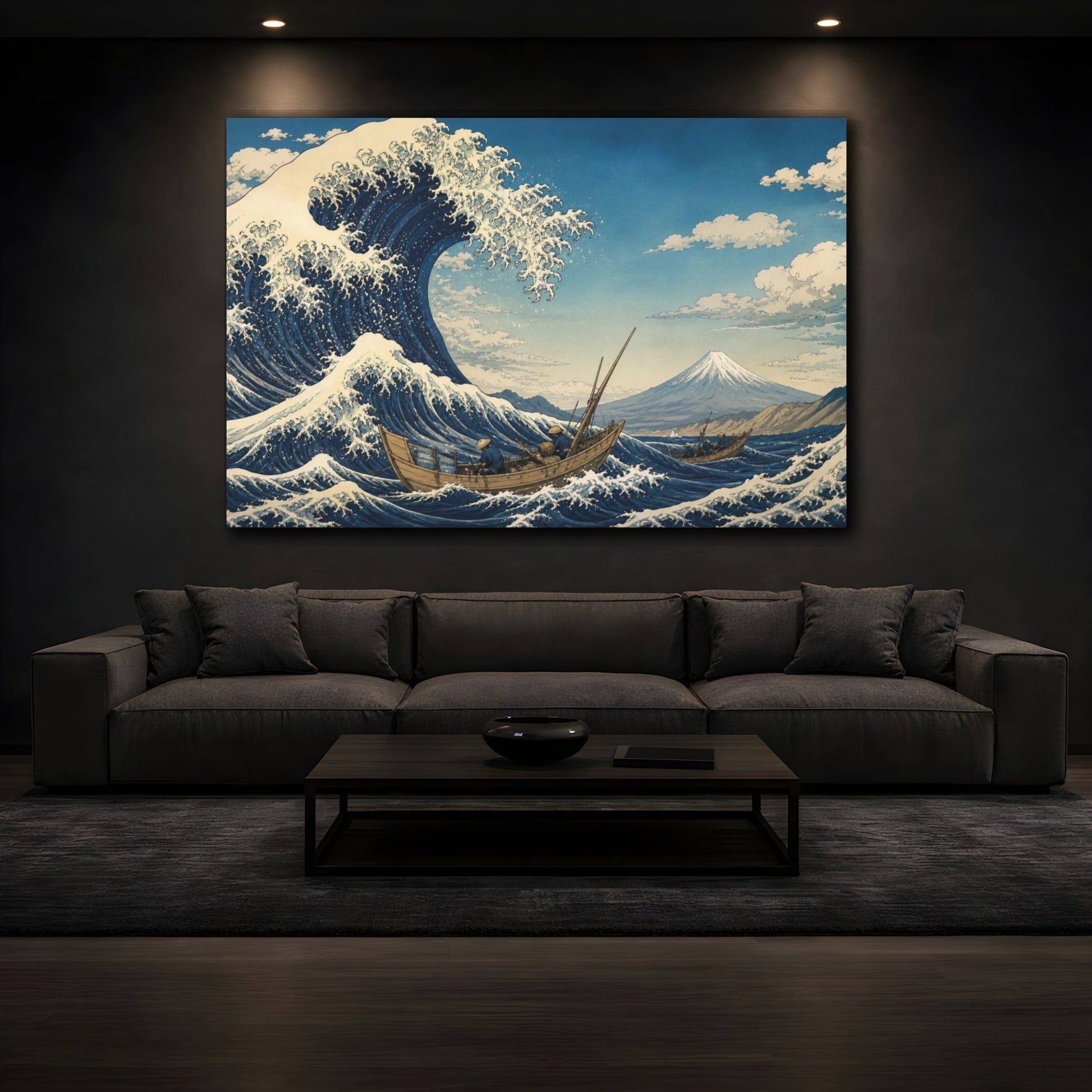 Mockup 3. Wave And Fishing Boats shown as canvas print