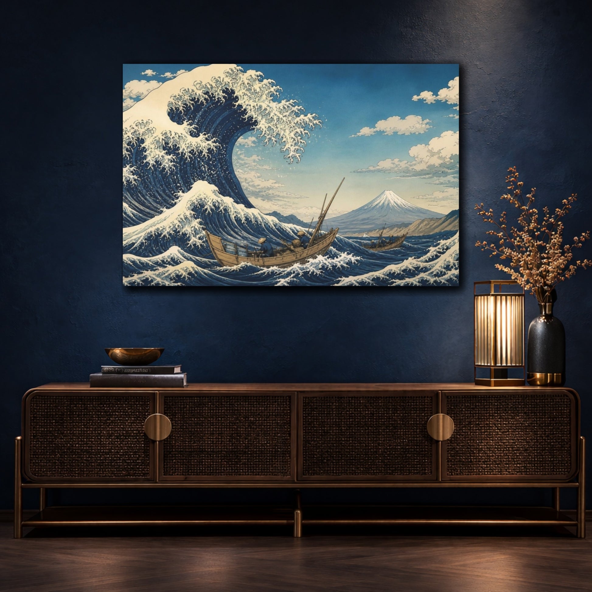 Mockup 4. Wave And Fishing Boats shown as canvas print