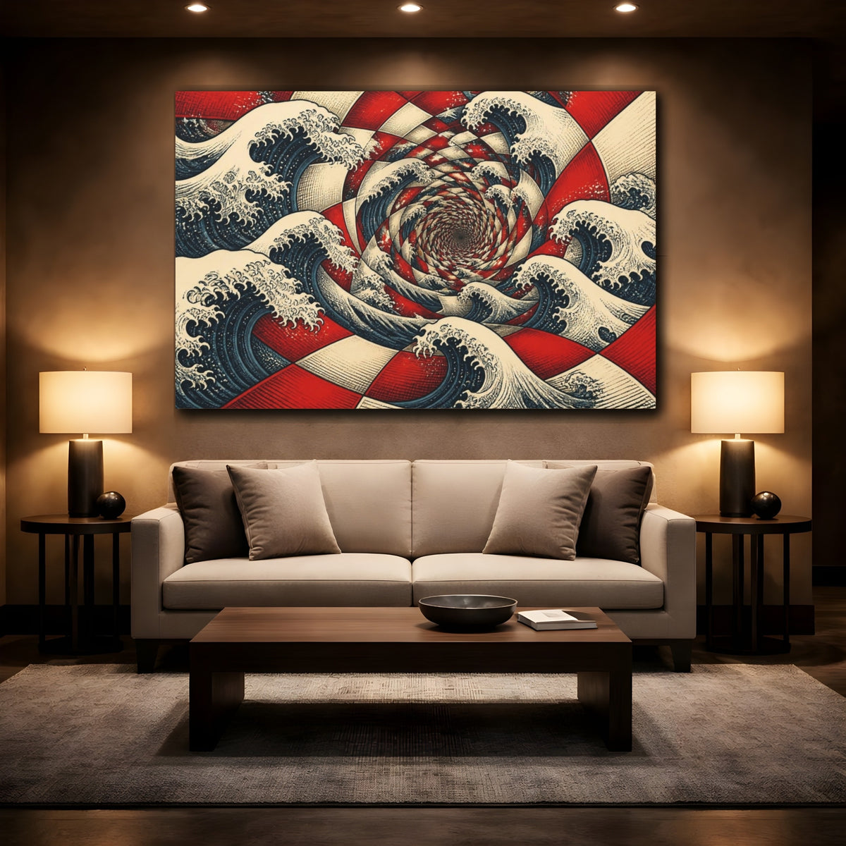 Mockup 2. Waves Illusion Vortex shown as canvas print