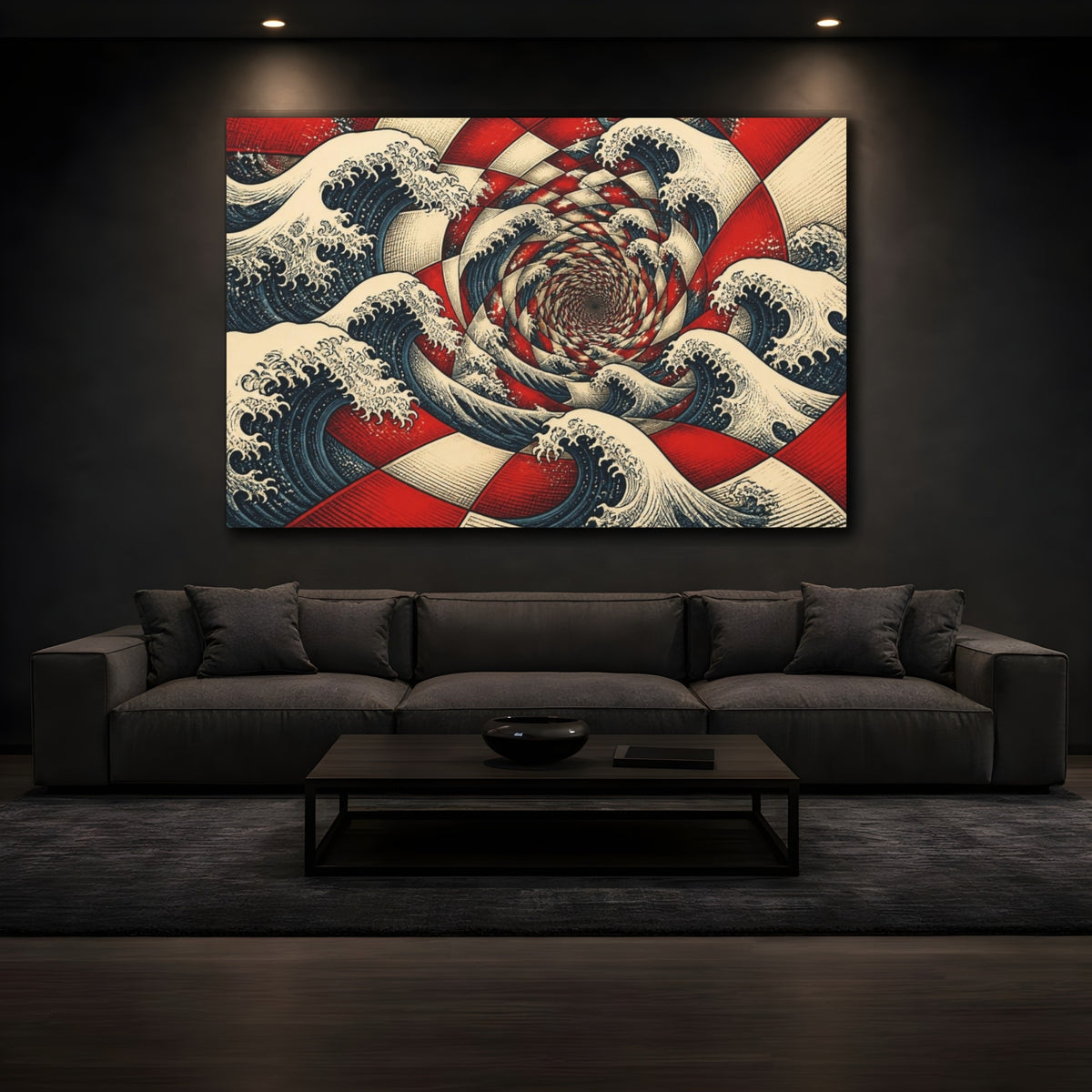 Mockup 3. Waves Illusion Vortex shown as canvas print