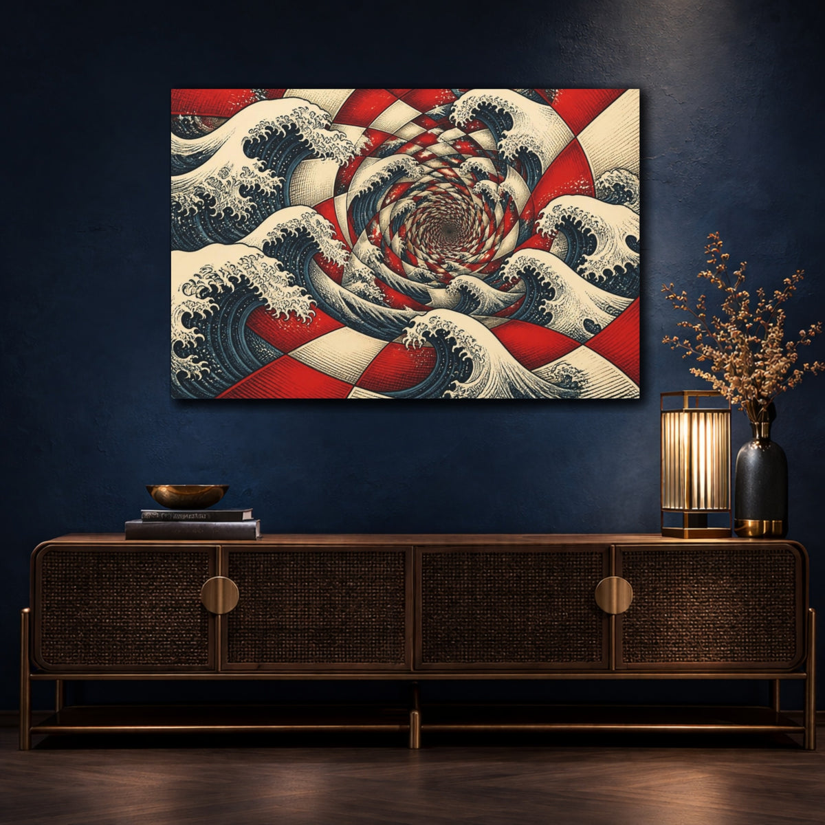 Mockup 4. Waves Illusion Vortex shown as canvas print