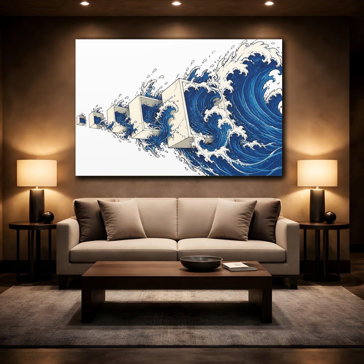 Mockup 2. Waves Through Cubes shown as canvas print