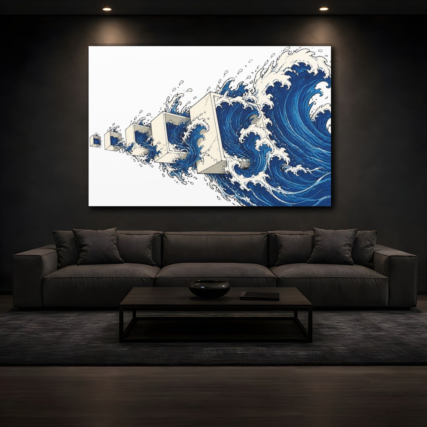Mockup 3. Waves Through Cubes shown as canvas print