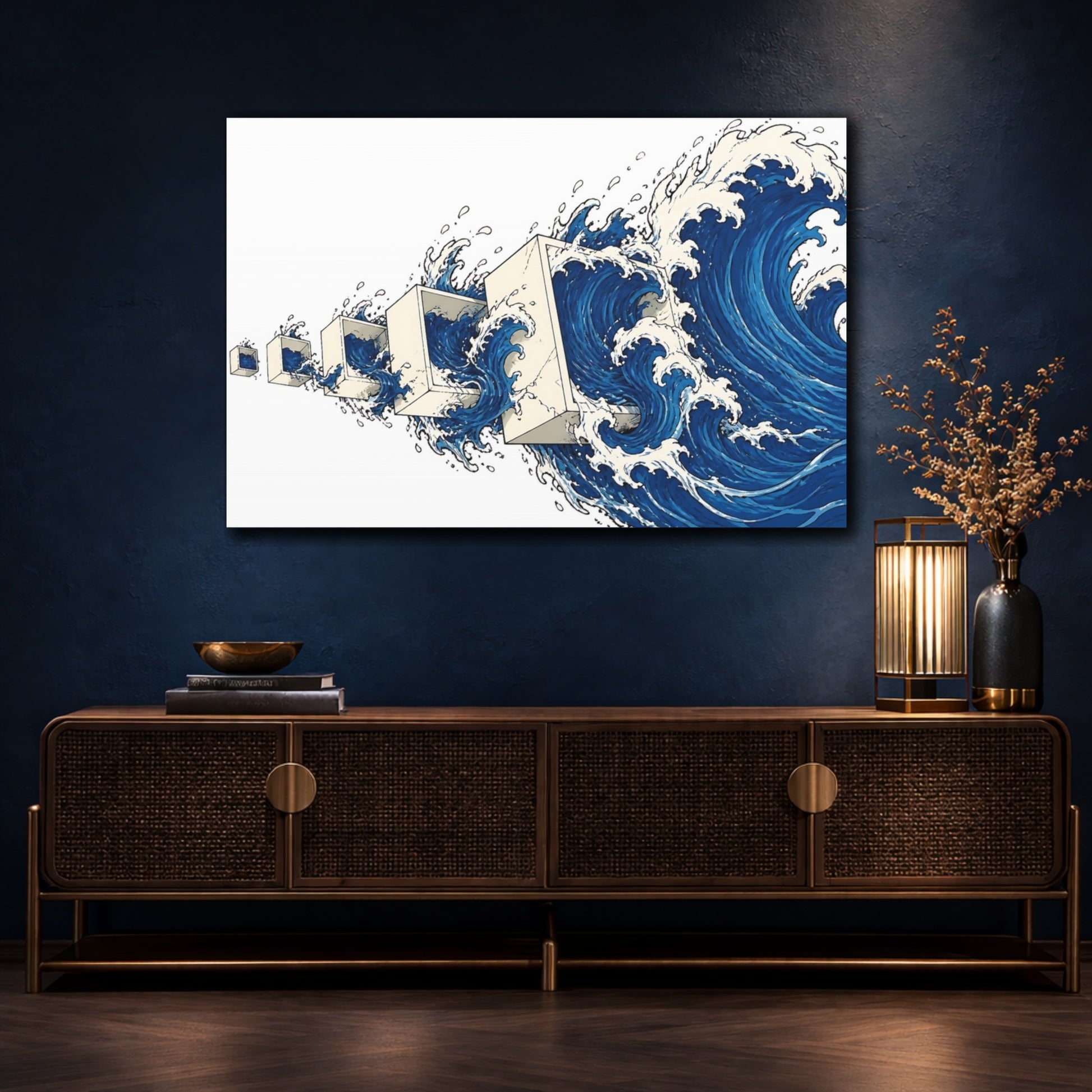Mockup 4. Waves Through Cubes shown as canvas print