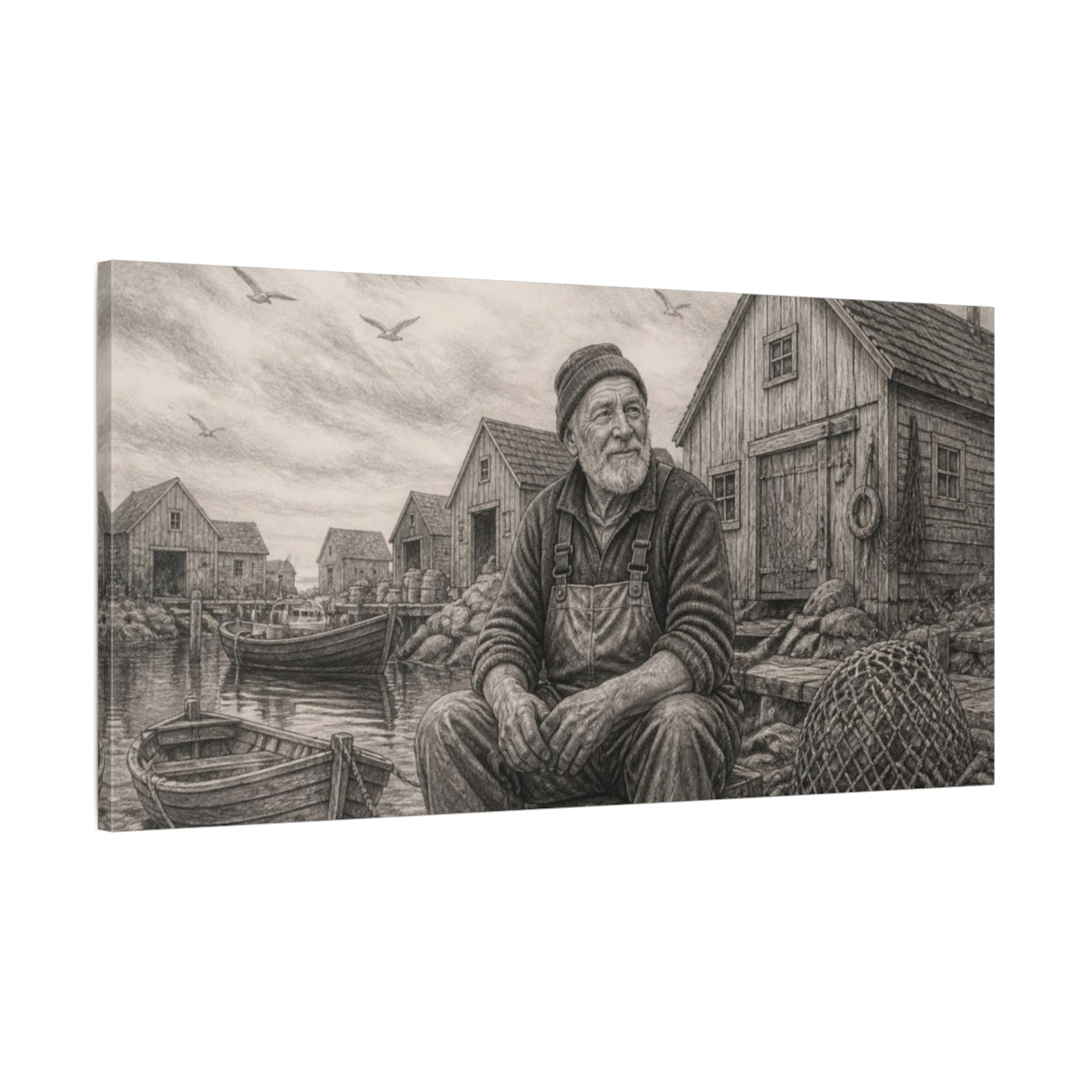Main Mockup. Weathered Harbor Fisherman shown as canvas print