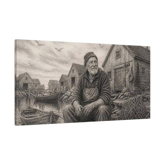 Main Mockup. Weathered Harbor Fisherman shown as canvas print