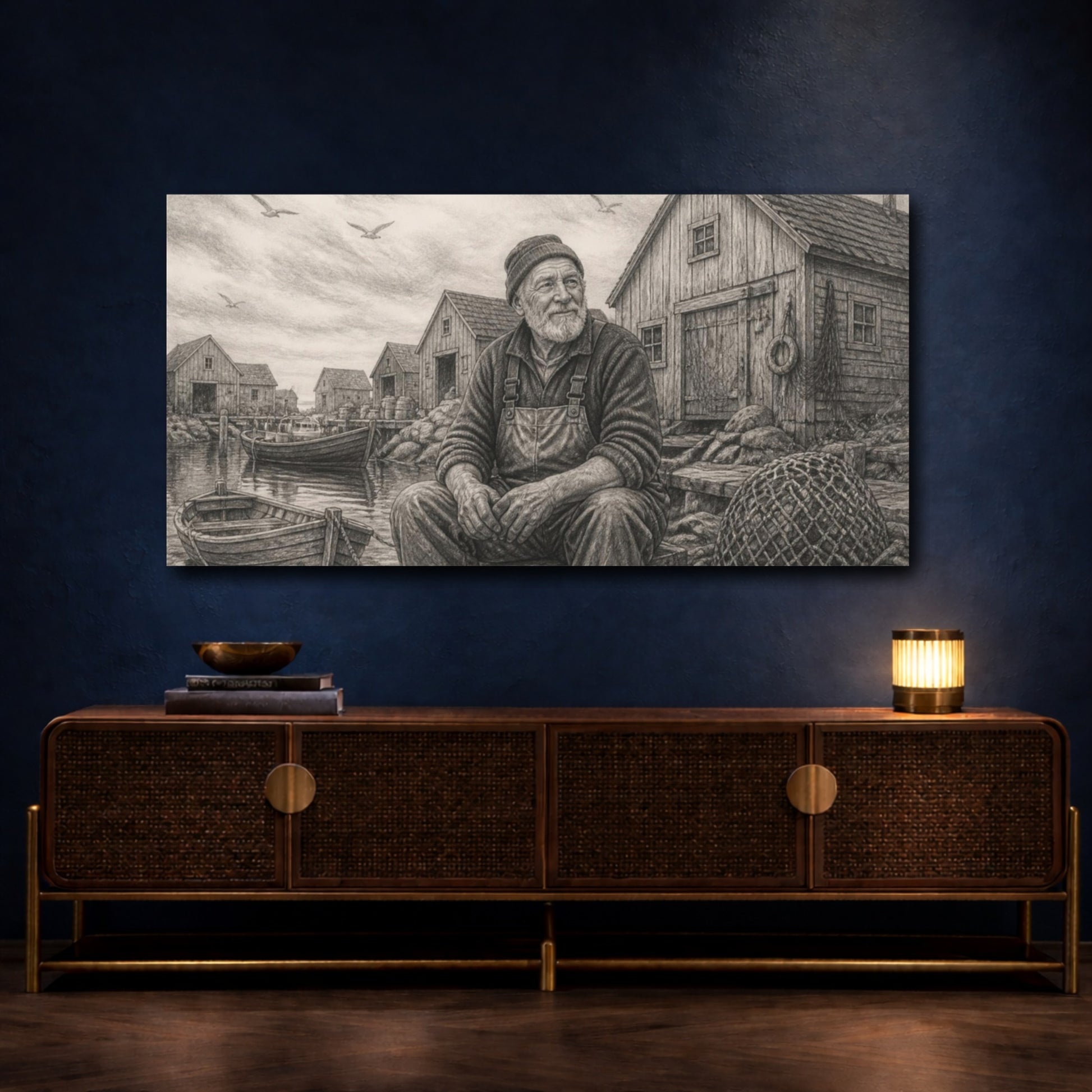 Mockup 4. Weathered Harbor Fisherman shown as canvas print