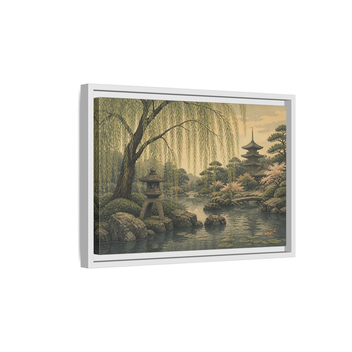 Side Mockup 4. Weeping Willow Garden shown as framed canvas print