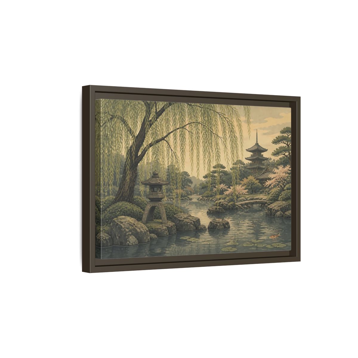 Side Mockup 5. Weeping Willow Garden shown as framed canvas print