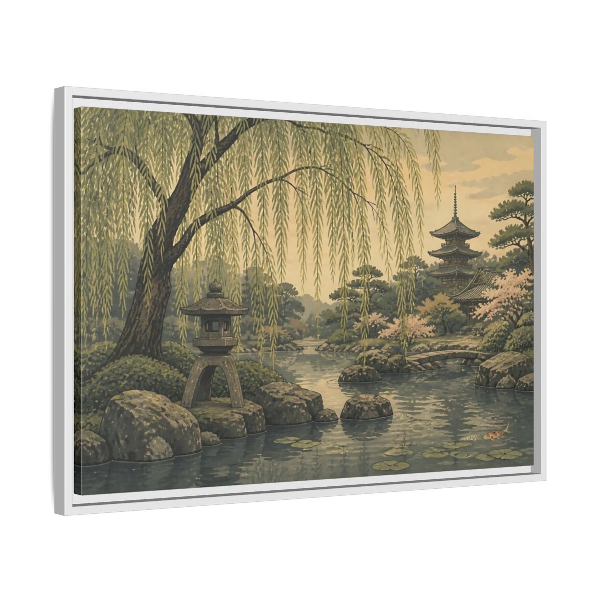 Side Mockup 10. Weeping Willow Garden shown as framed canvas print