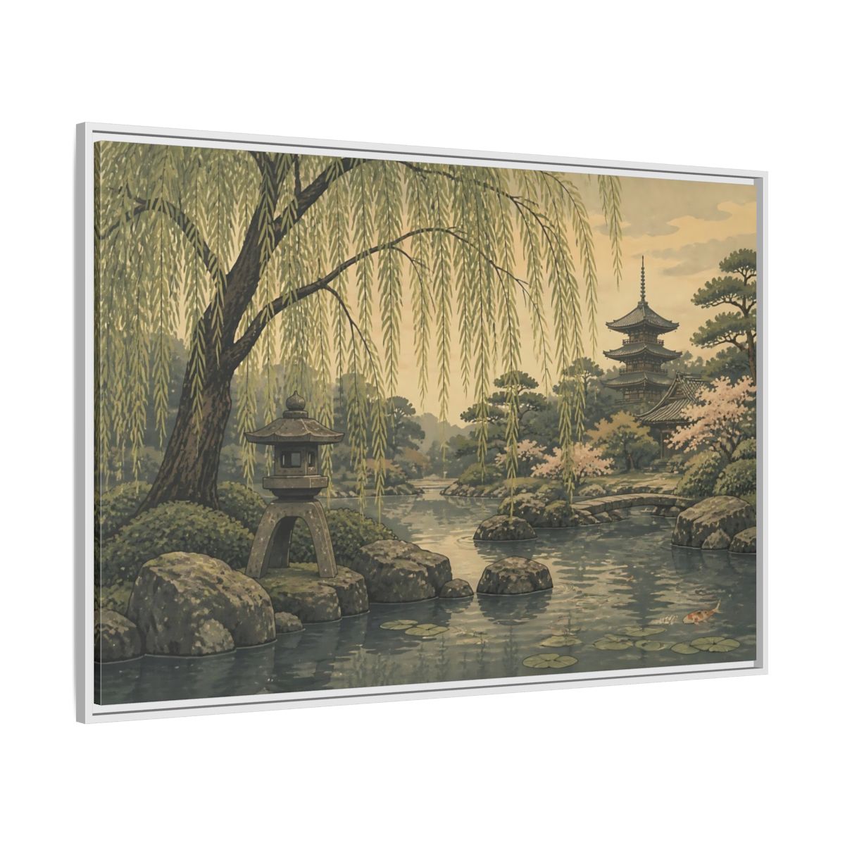 Side Mockup 7. Weeping Willow Garden shown as framed canvas print