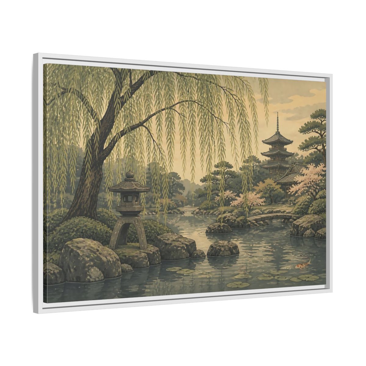 Side Mockup 9. Weeping Willow Garden shown as framed canvas print