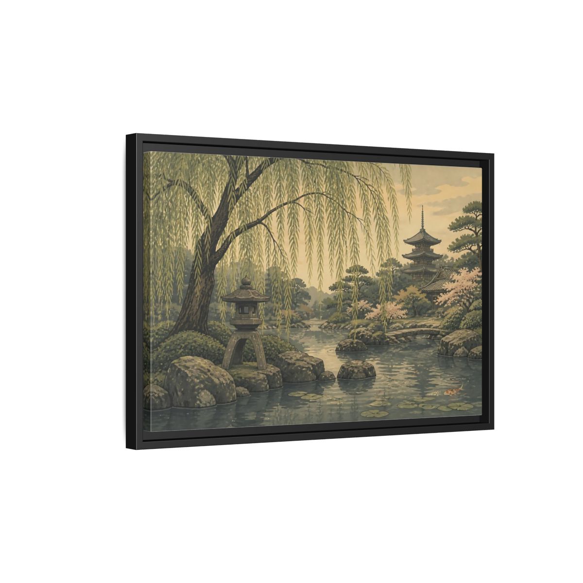 Side Mockup 3. Weeping Willow Garden shown as framed canvas print