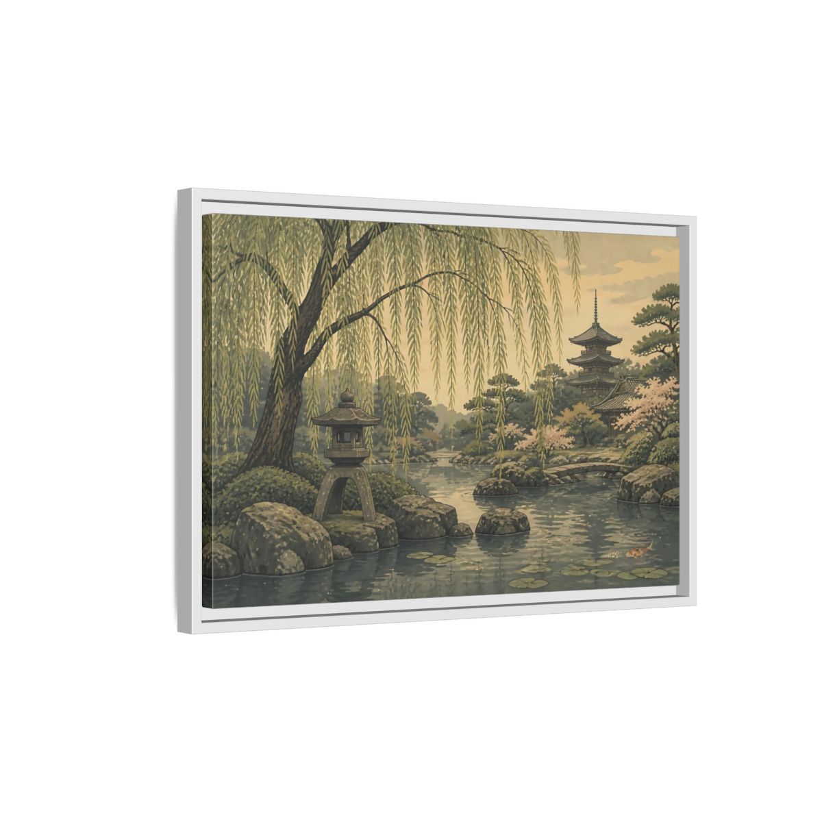 Side Mockup 1. Weeping Willow Garden shown as framed canvas print