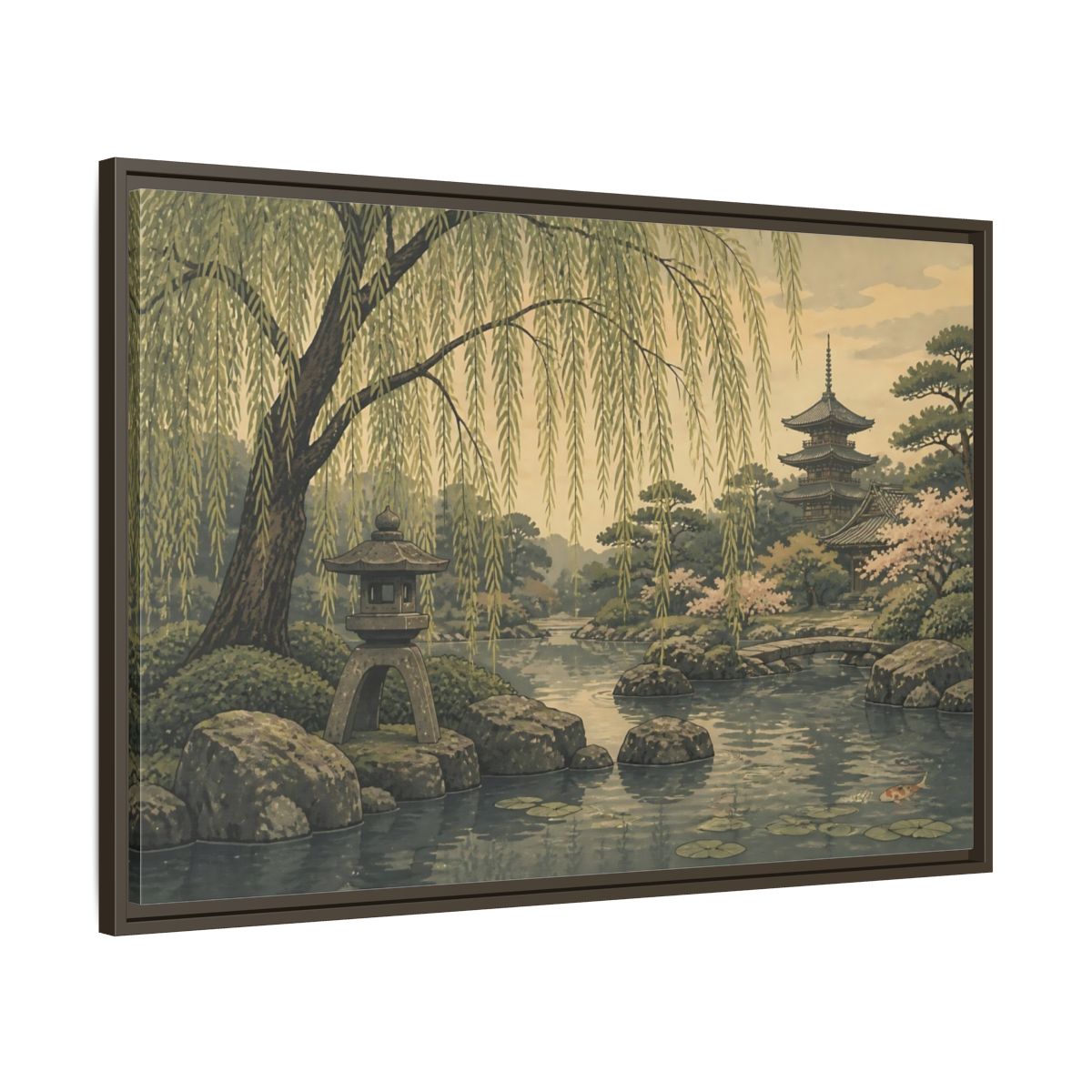 Main Mockup. Weeping Willow Garden shown as framed canvas print