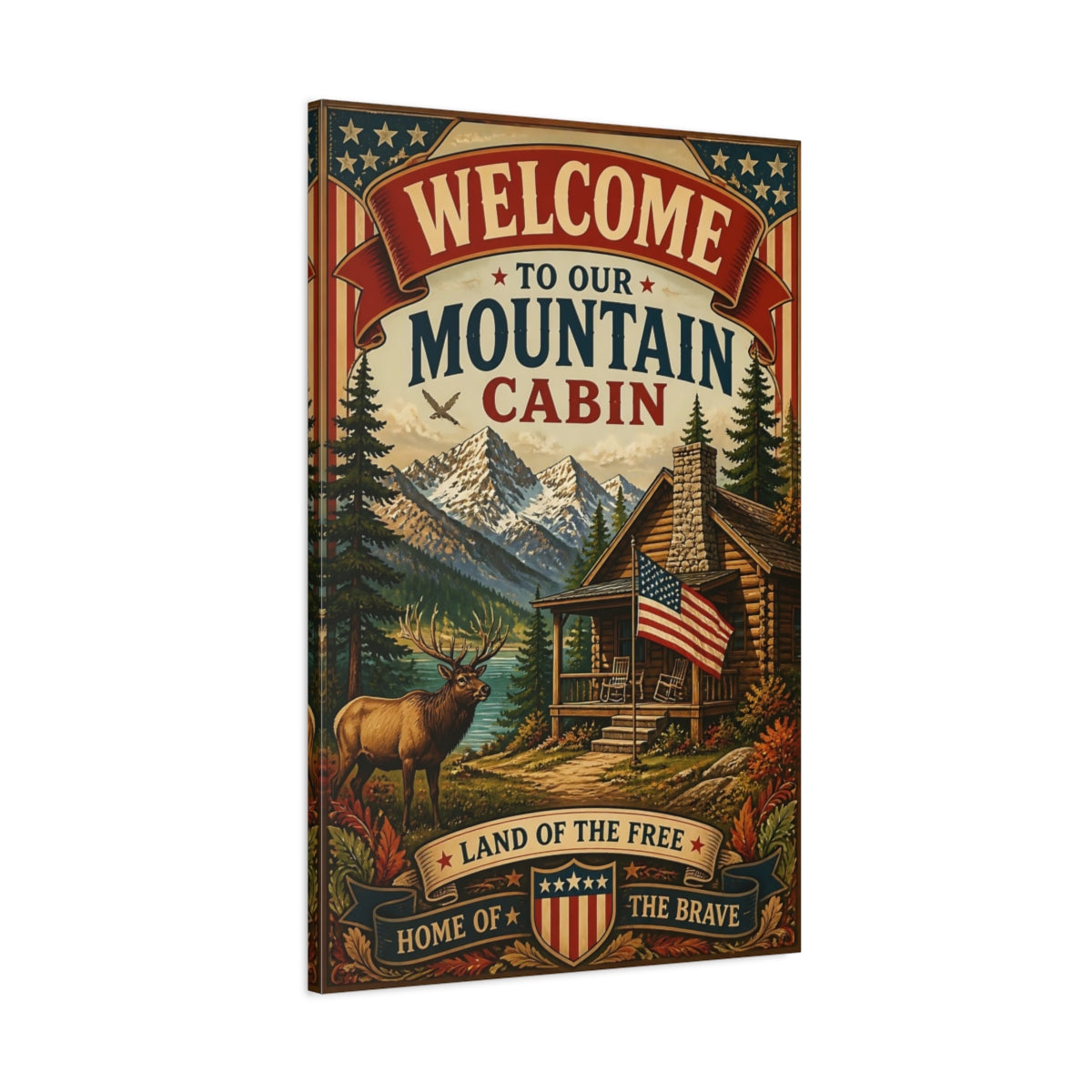 Main Mockup. Welcome Mountain Cabin Sign shown as canvas print