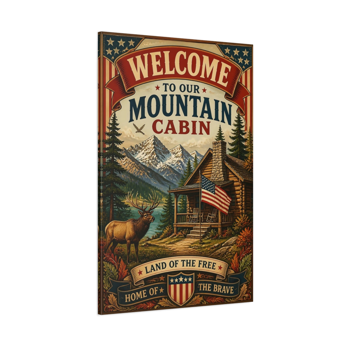 Side Mockup 1. Welcome Mountain Cabin Sign shown as canvas print