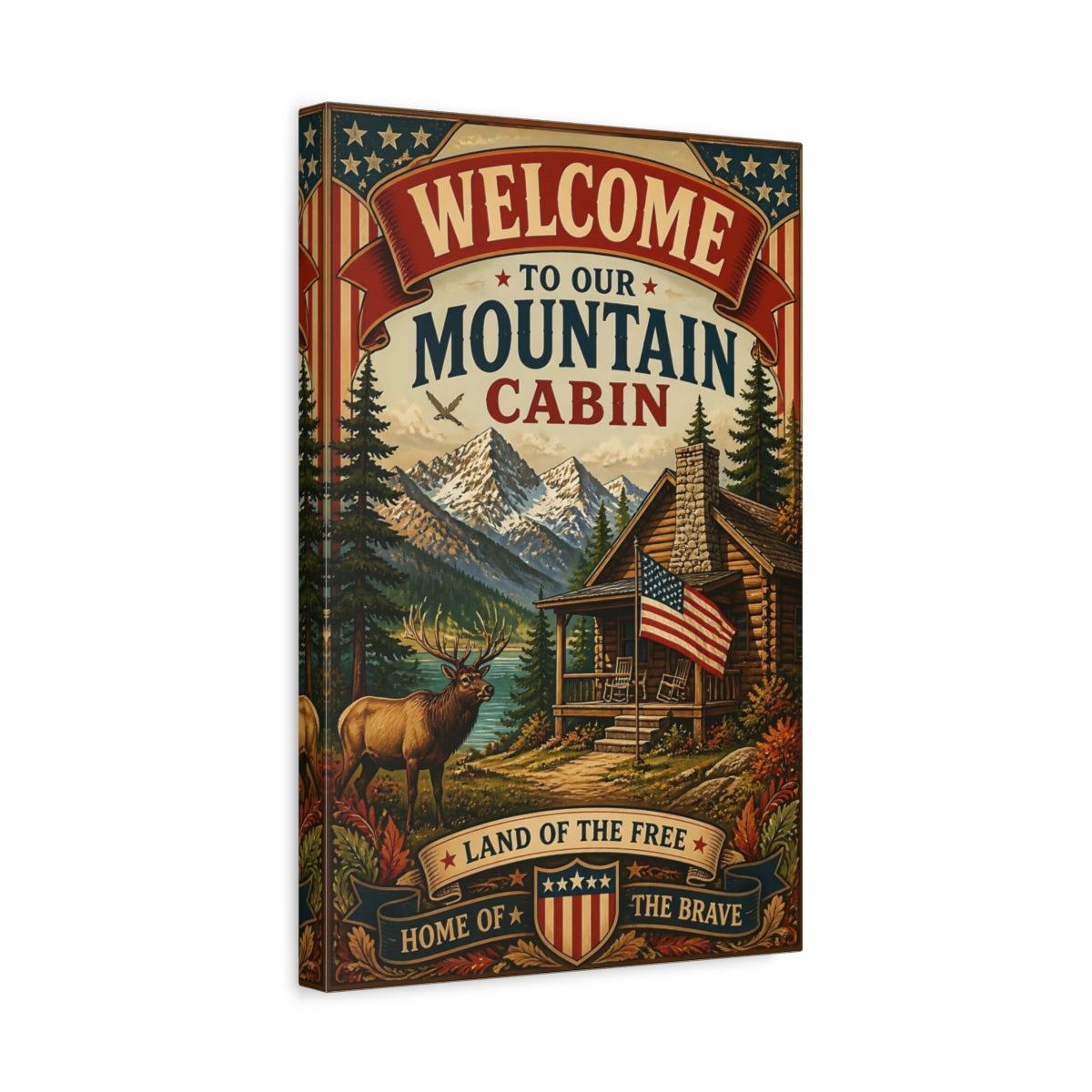 Side Mockup 4. Welcome Mountain Cabin Sign shown as canvas print