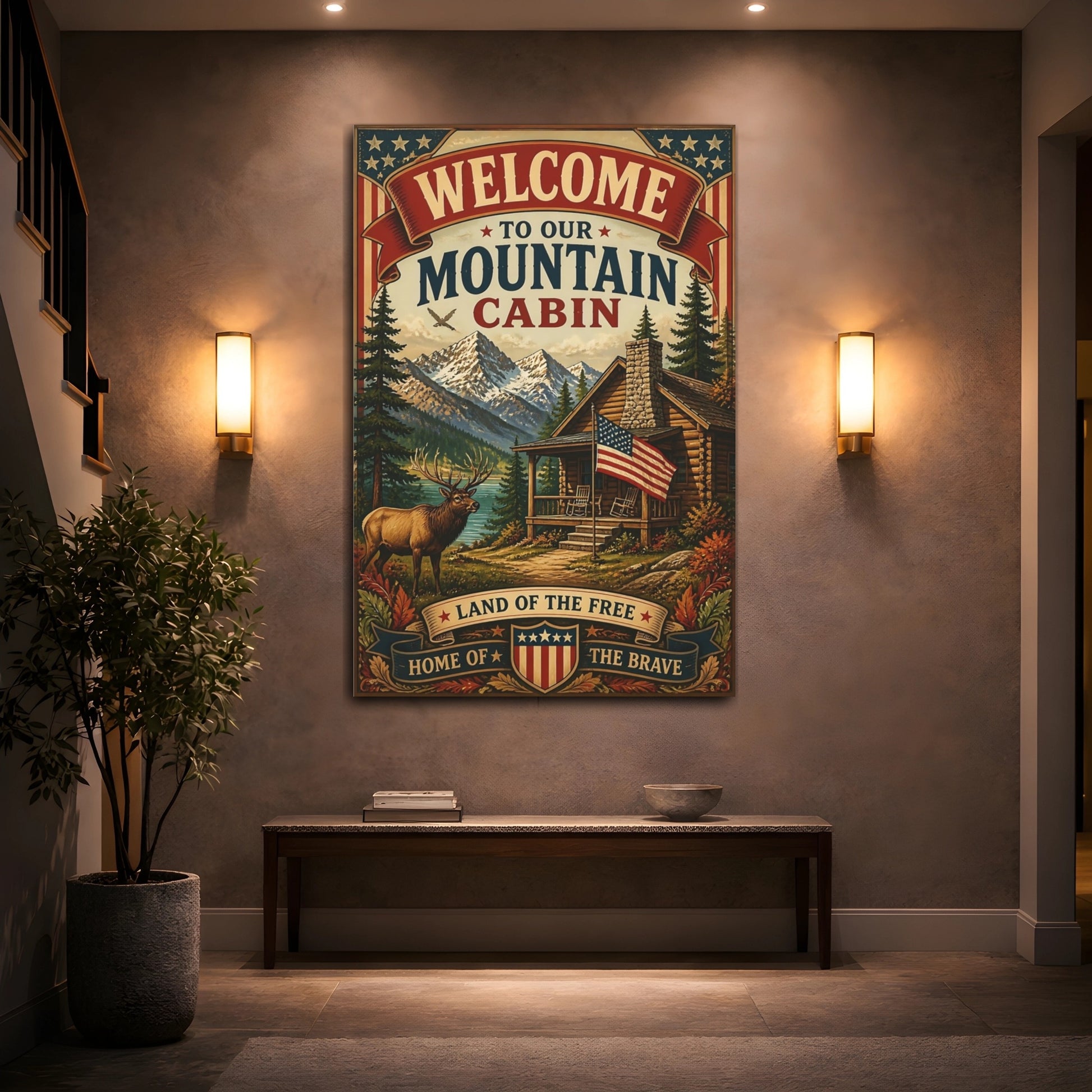 Mockup 2. Welcome Mountain Cabin Sign shown as canvas print