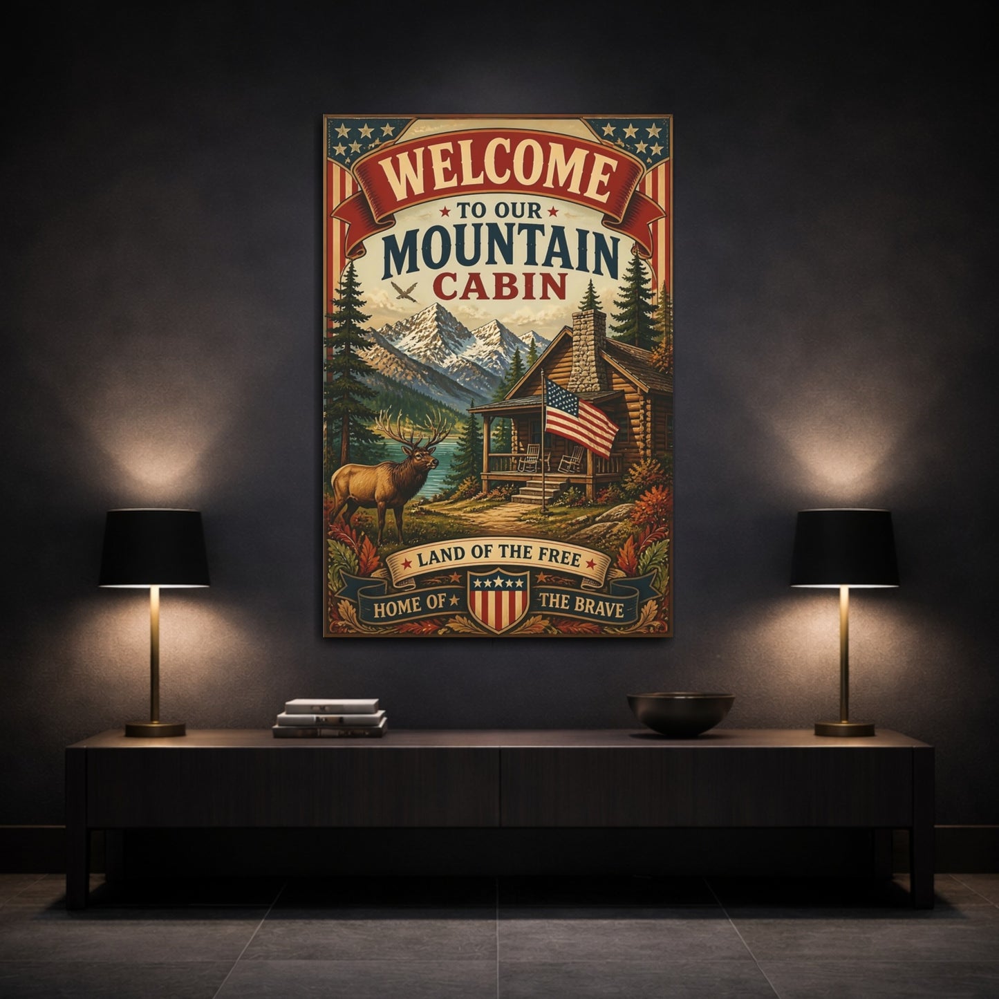 Mockup 3. Welcome Mountain Cabin Sign shown as canvas print