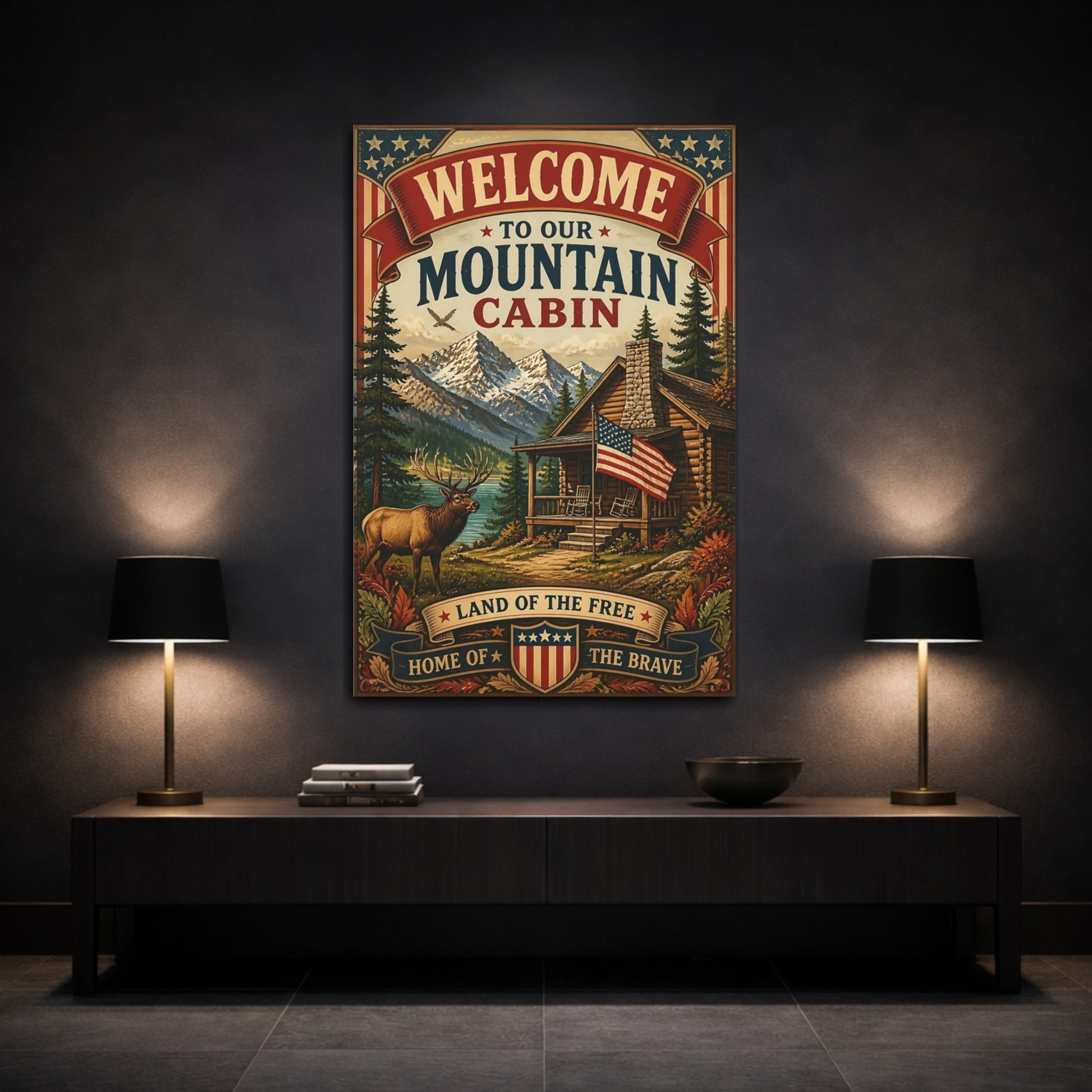 Mockup 3. Welcome Mountain Cabin Sign shown as canvas print