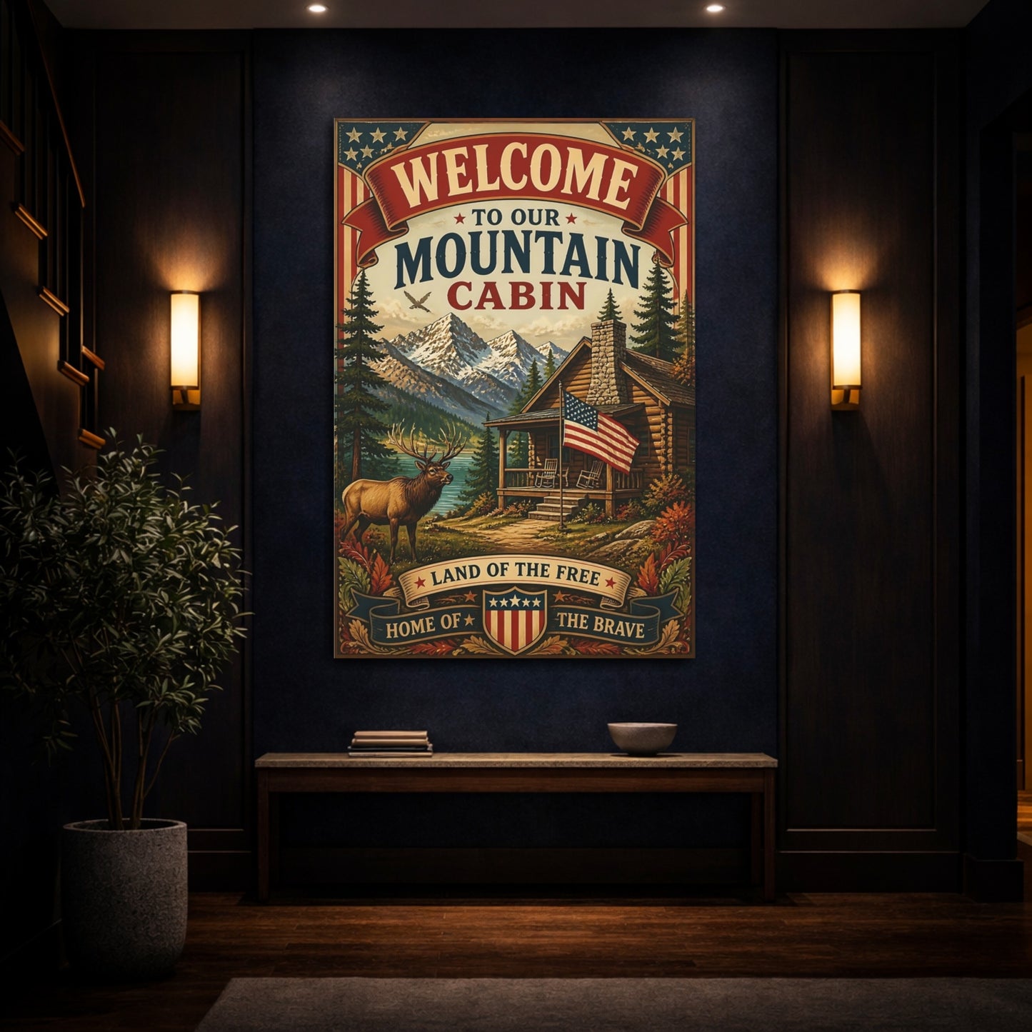 Mockup 4. Welcome Mountain Cabin Sign shown as canvas print