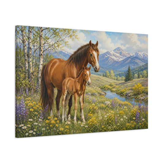 Main Mockup. Western Heritage Painting Two Foals In Spring Meadow shown as stretched canvas wall art