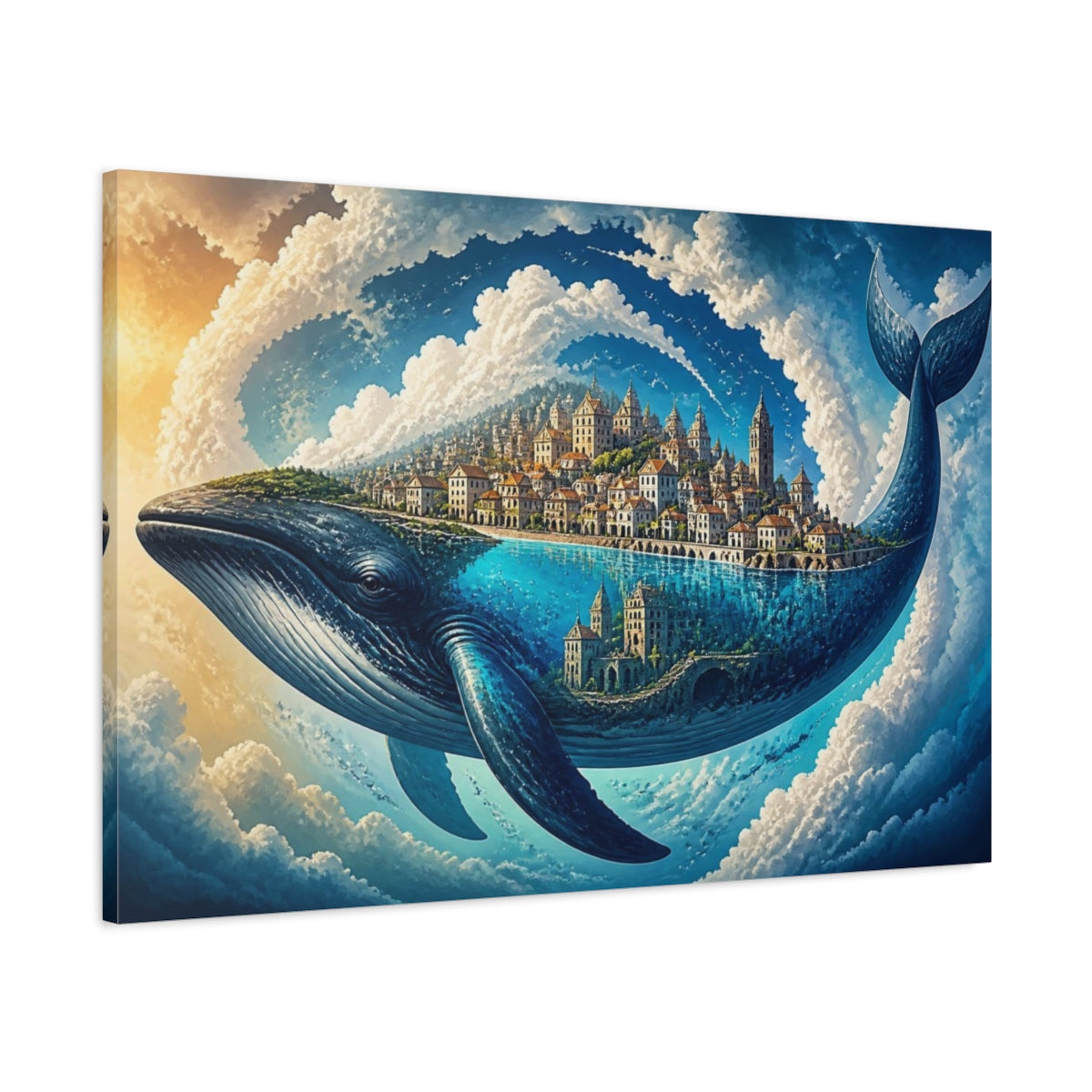 Main Mockup. Whale Illusion Cityscape shown as canvas print