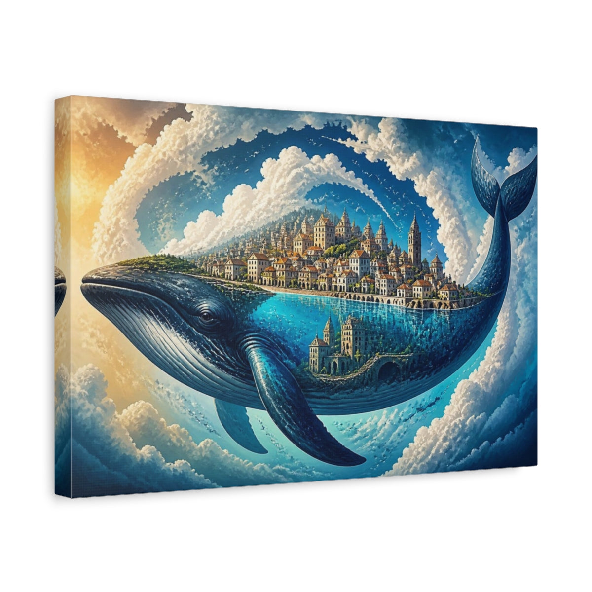Side Mockup 4. Whale Illusion Cityscape shown as canvas print