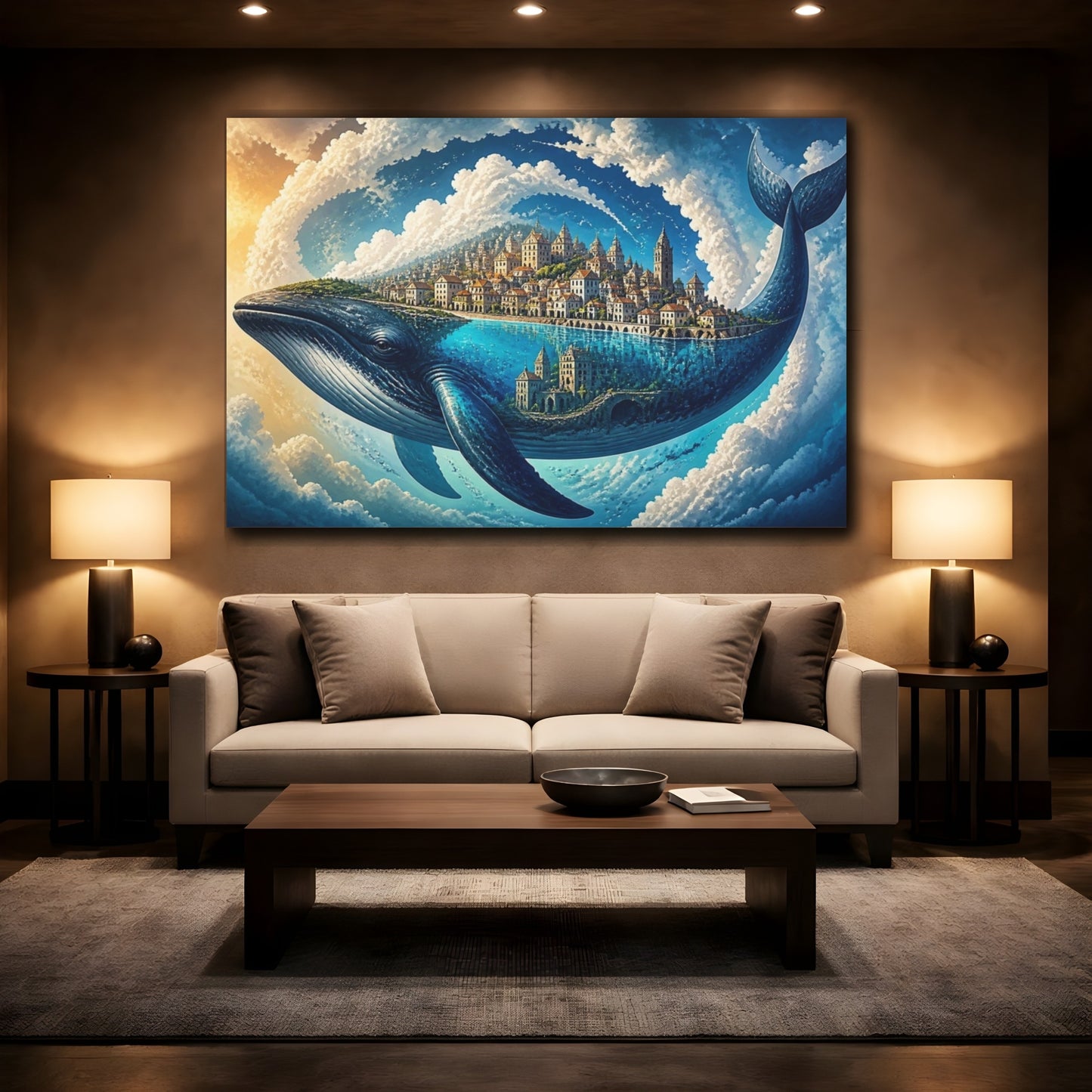 Mockup 2. Whale Illusion Cityscape shown as canvas print